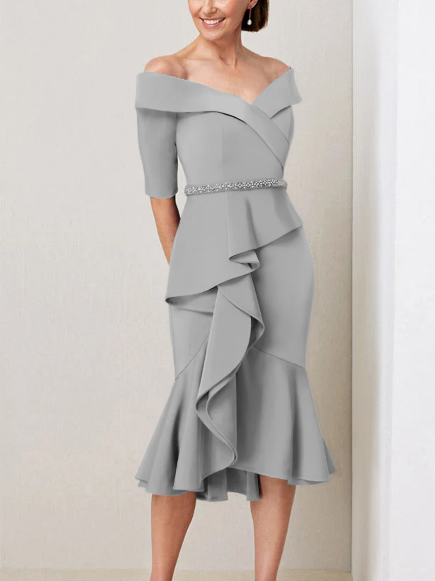 Sheath Column Off The Shoulder Half Sleeves Mother Of The Bride Dresses With Beading Ruffles