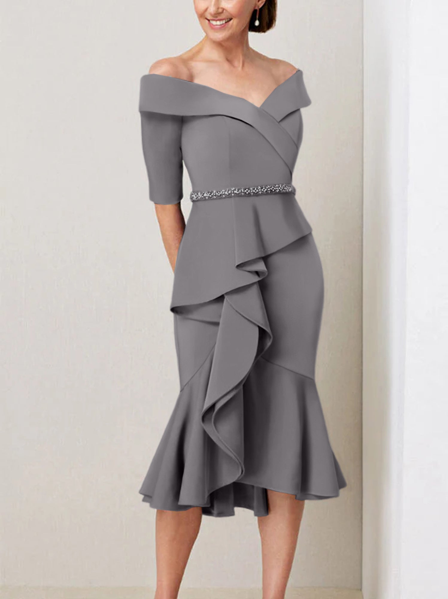 Sheath Column Off The Shoulder Half Sleeves Mother Of The Bride Dresses With Beading Ruffles