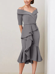 Sheath Column Off The Shoulder Half Sleeves Mother Of The Bride Dresses With Beading Ruffles