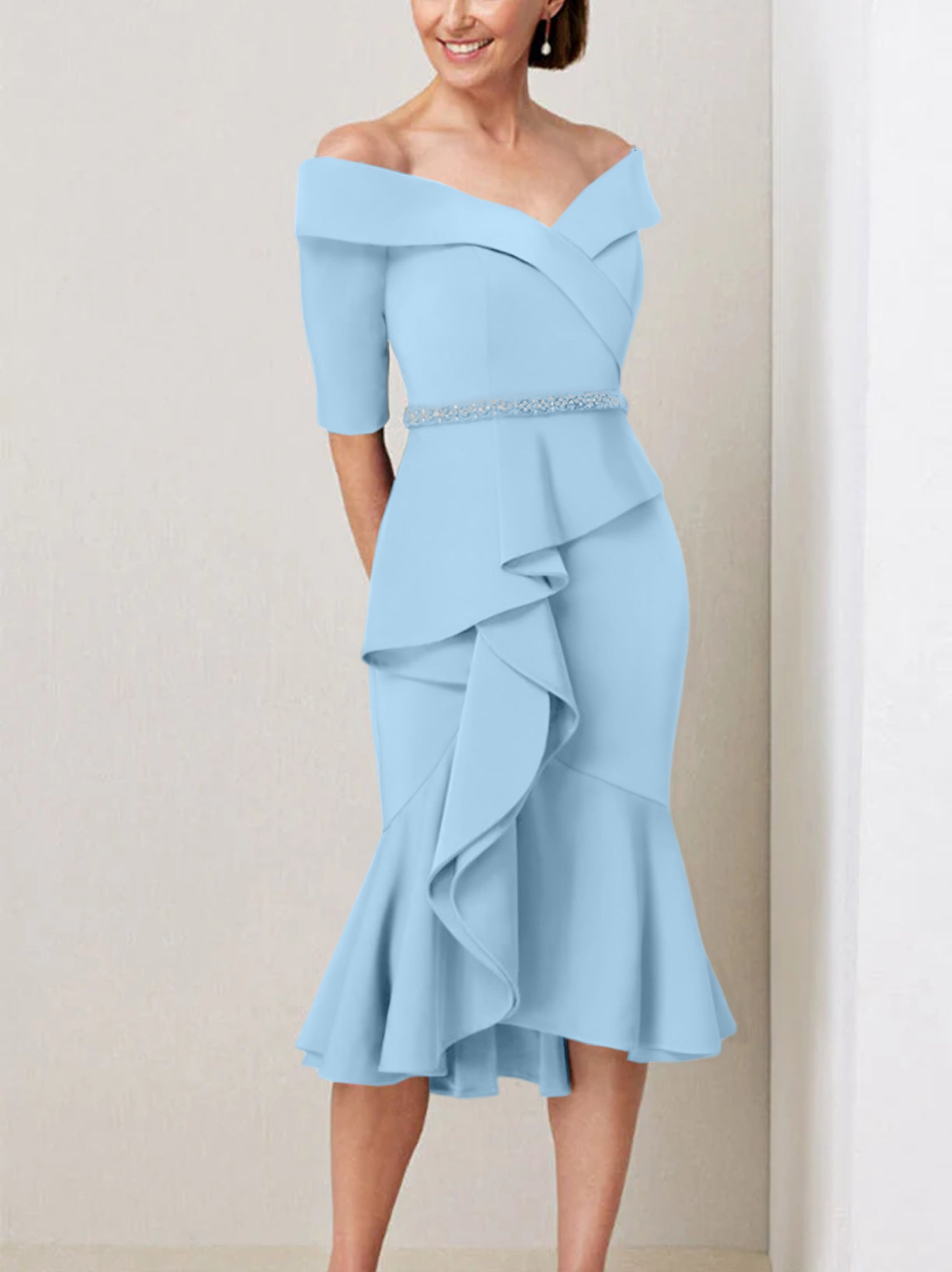 Sheath Column Off The Shoulder Half Sleeves Mother Of The Bride Dresses With Beading Ruffles