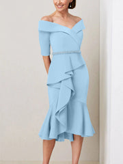 Sheath Column Off The Shoulder Half Sleeves Mother Of The Bride Dresses With Beading Ruffles