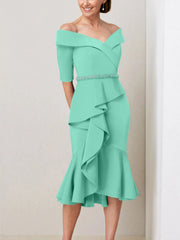 Sheath Column Off The Shoulder Half Sleeves Mother Of The Bride Dresses With Beading Ruffles