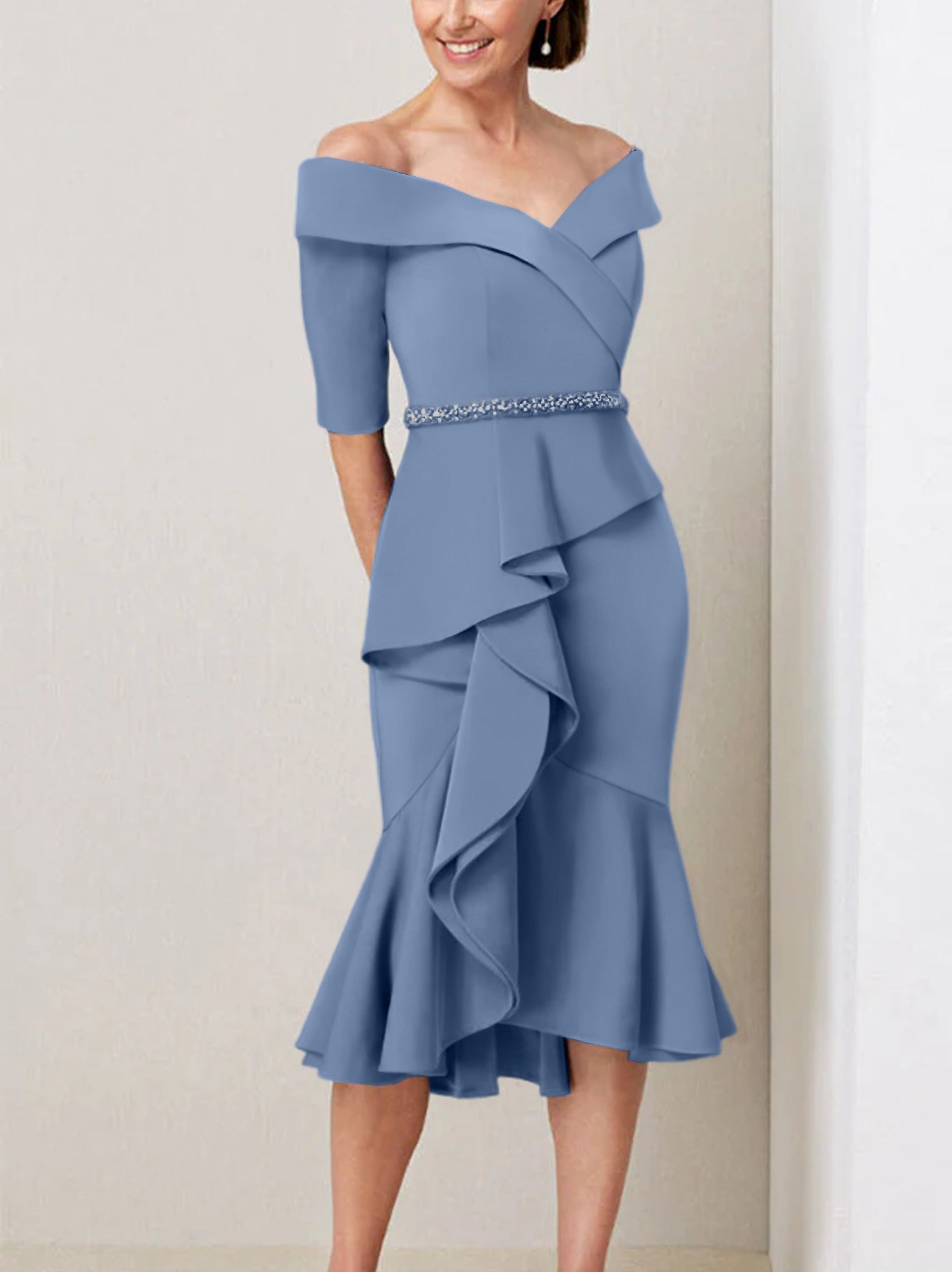 Sheath Column Off The Shoulder Half Sleeves Mother Of The Bride Dresses With Beading Ruffles