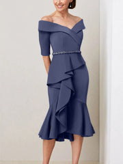Sheath Column Off The Shoulder Half Sleeves Mother Of The Bride Dresses With Beading Ruffles