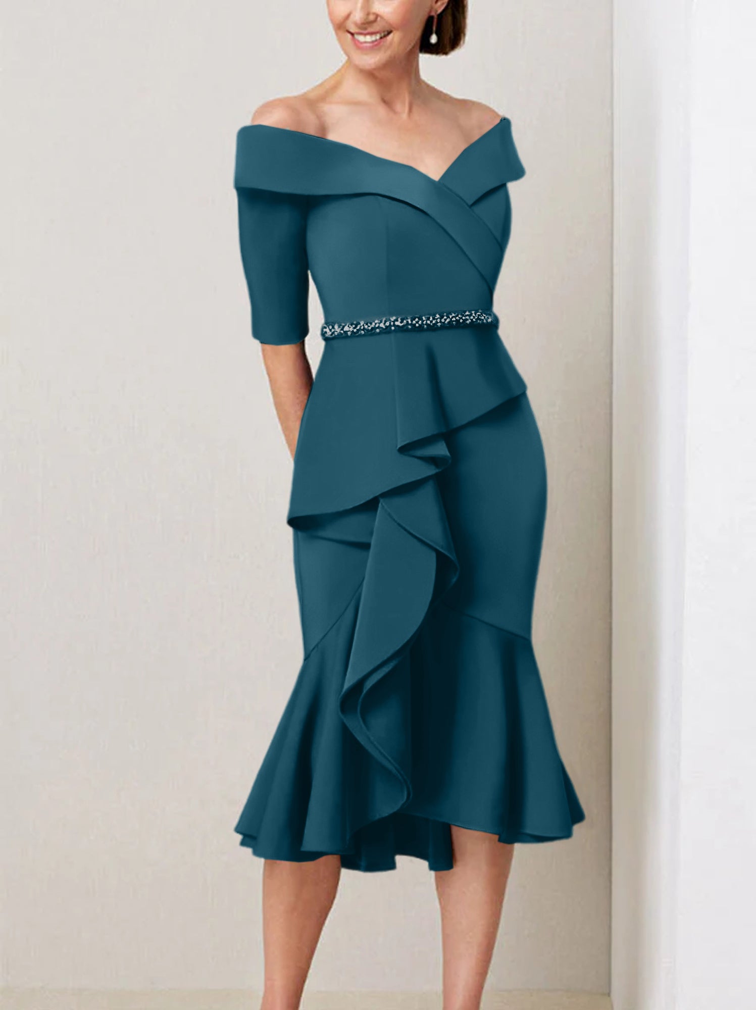 Sheath Column Off The Shoulder Half Sleeves Mother Of The Bride Dresses With Beading Ruffles