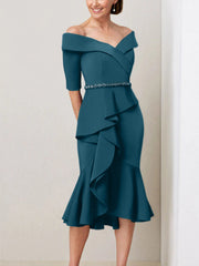 Sheath Column Off The Shoulder Half Sleeves Mother Of The Bride Dresses With Beading Ruffles