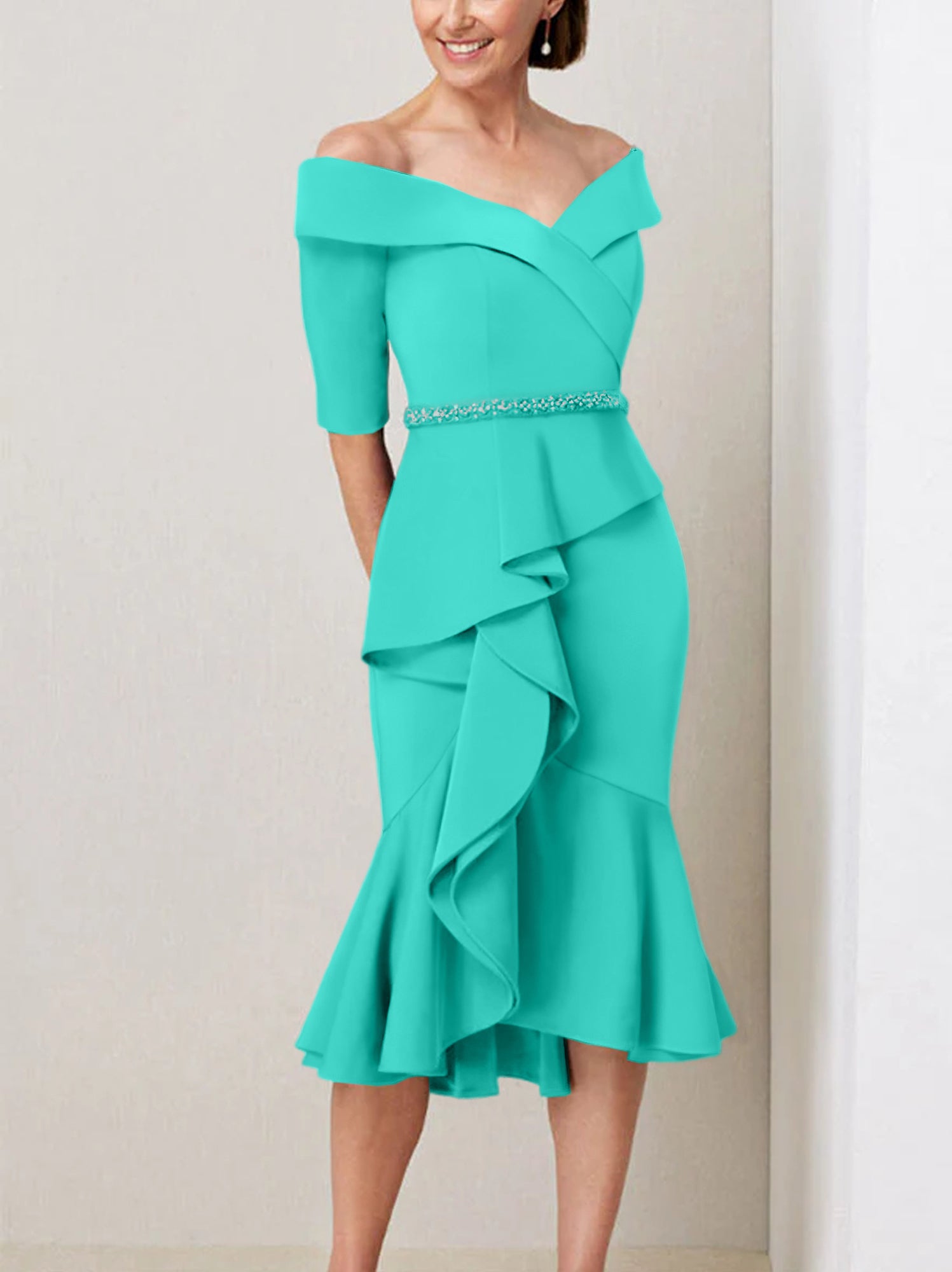 Sheath Column Off The Shoulder Half Sleeves Mother Of The Bride Dresses With Beading Ruffles