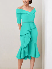 Sheath Column Off The Shoulder Half Sleeves Mother Of The Bride Dresses With Beading Ruffles