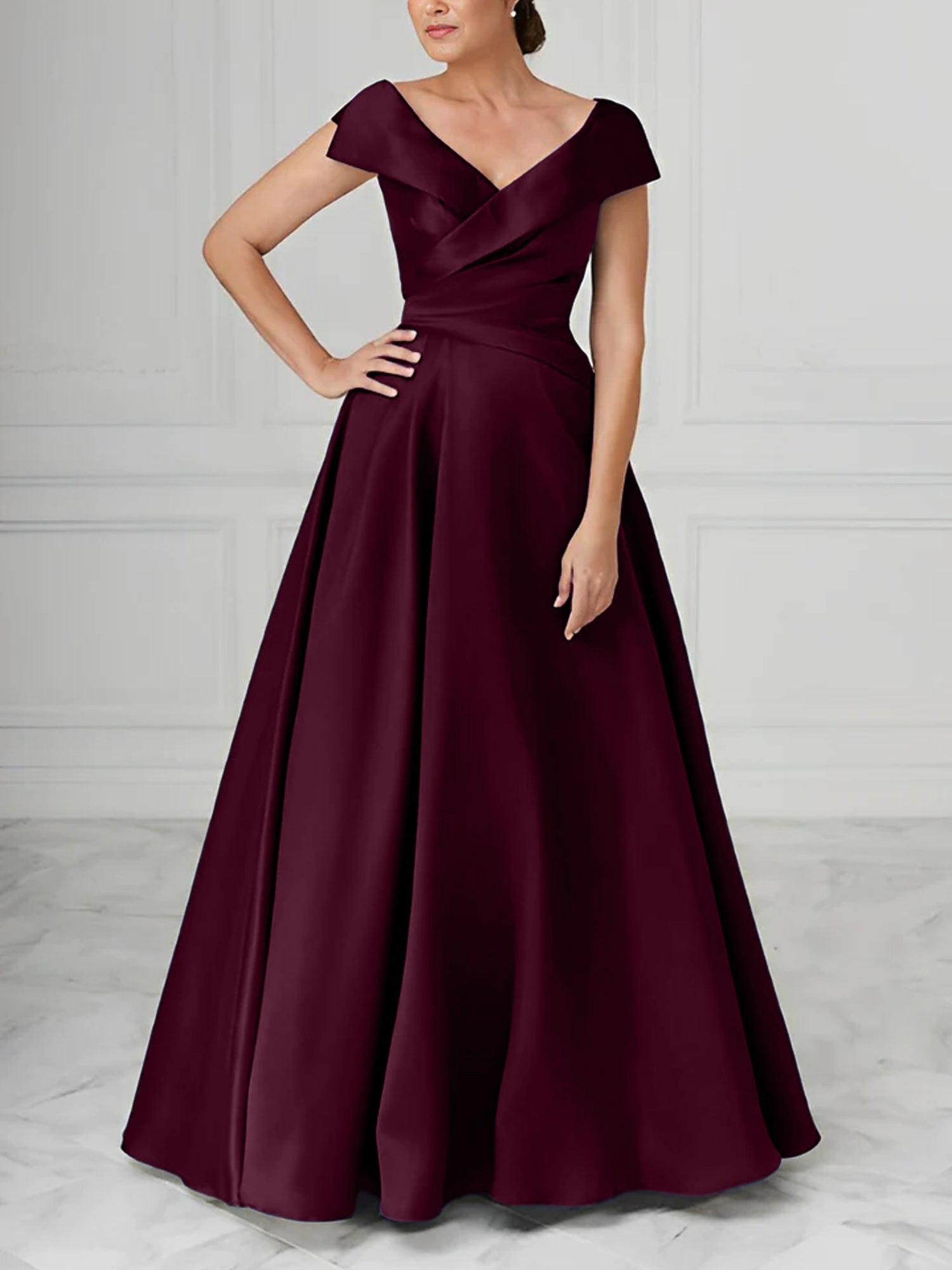 A Line Princess V Neck Satin Mother Of The Bride Dresses With Ruched
