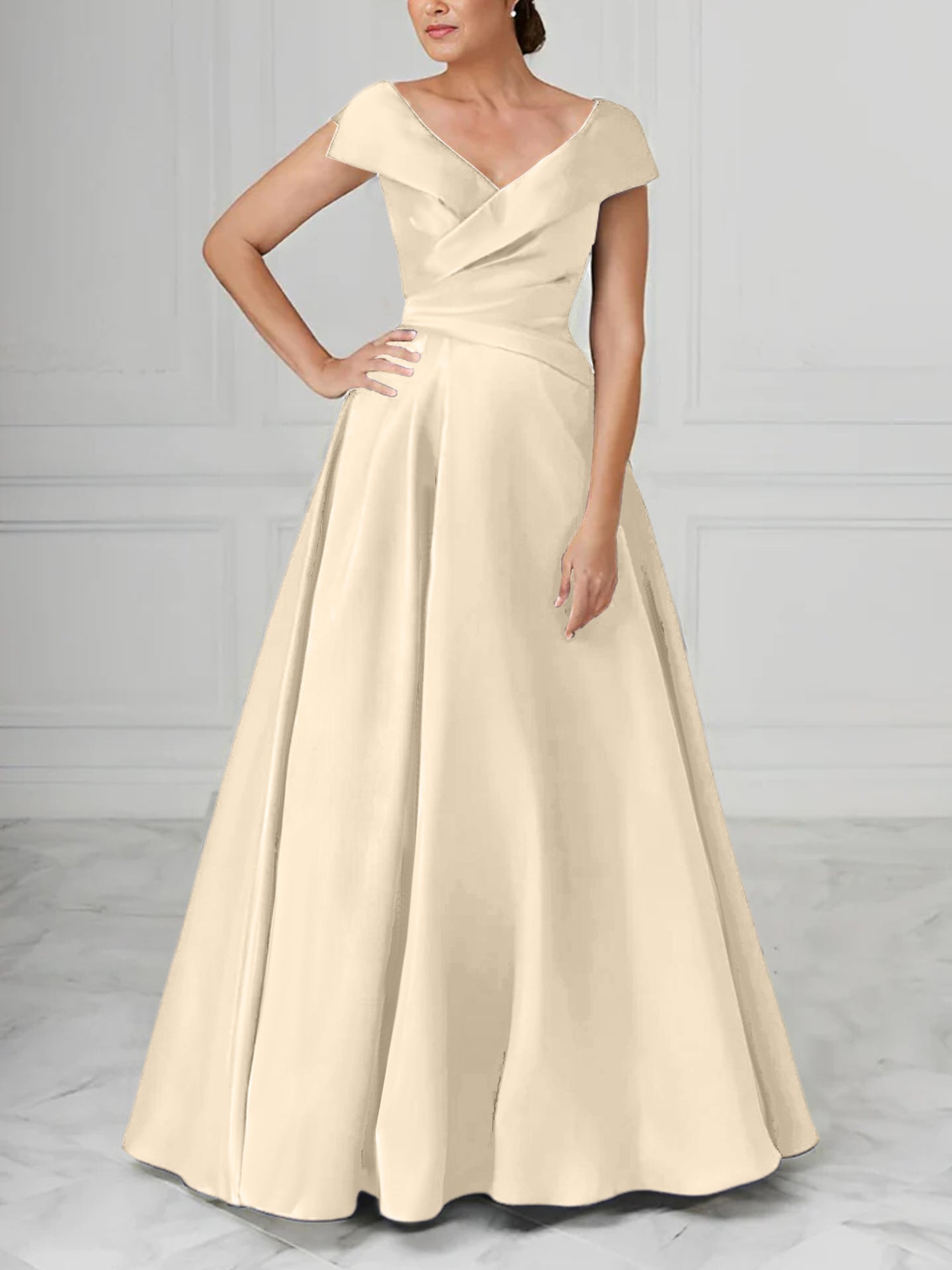 A Line Princess V Neck Satin Mother Of The Bride Dresses With Ruched