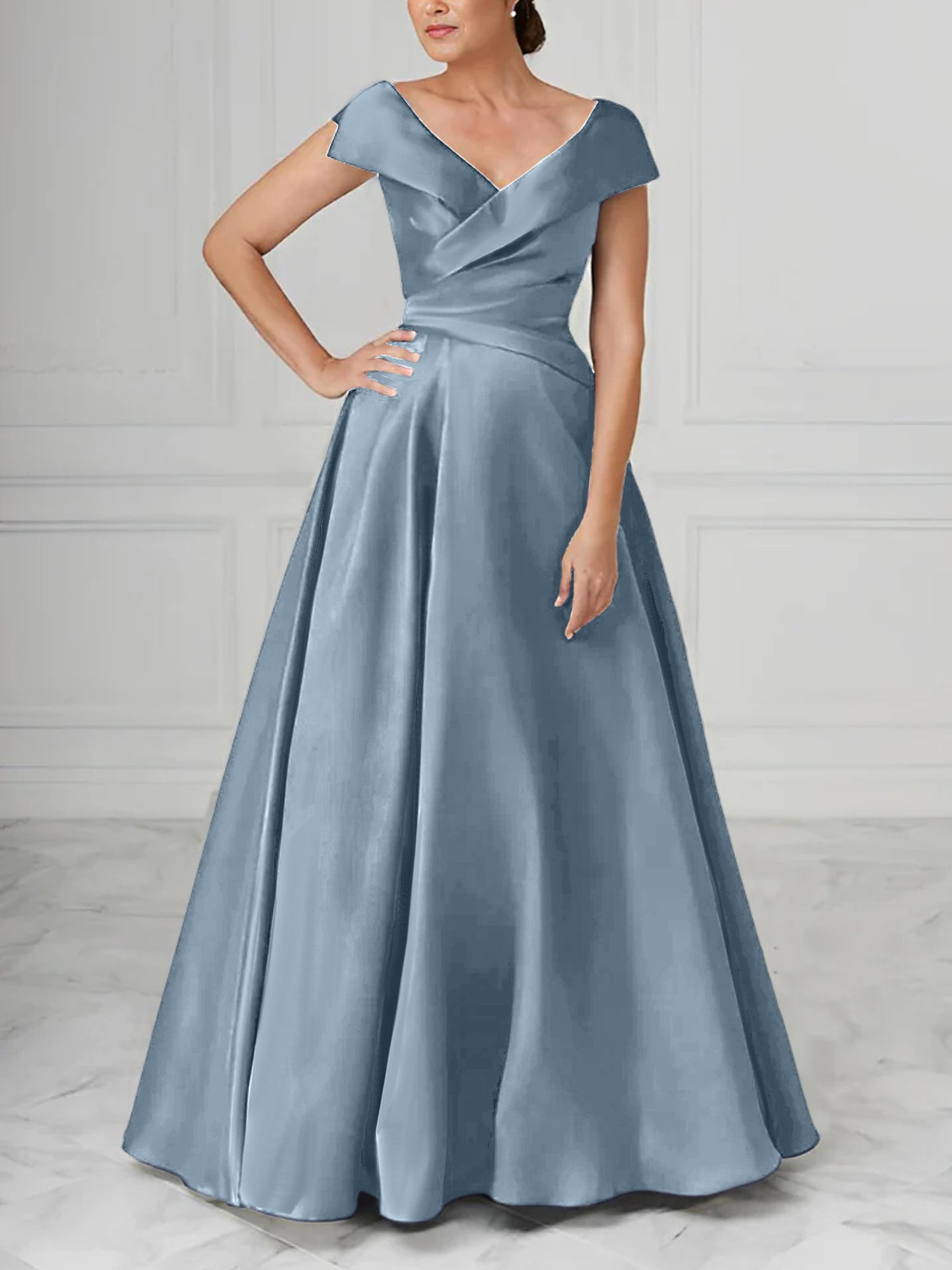 A Line Princess V Neck Satin Mother Of The Bride Dresses With Ruched