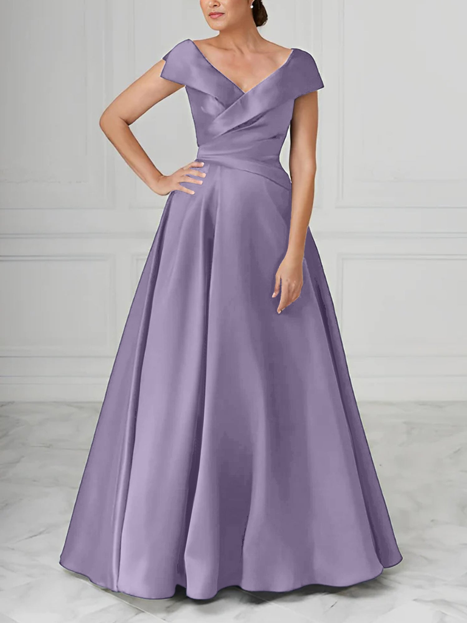 A Line Princess V Neck Satin Mother Of The Bride Dresses With Ruched