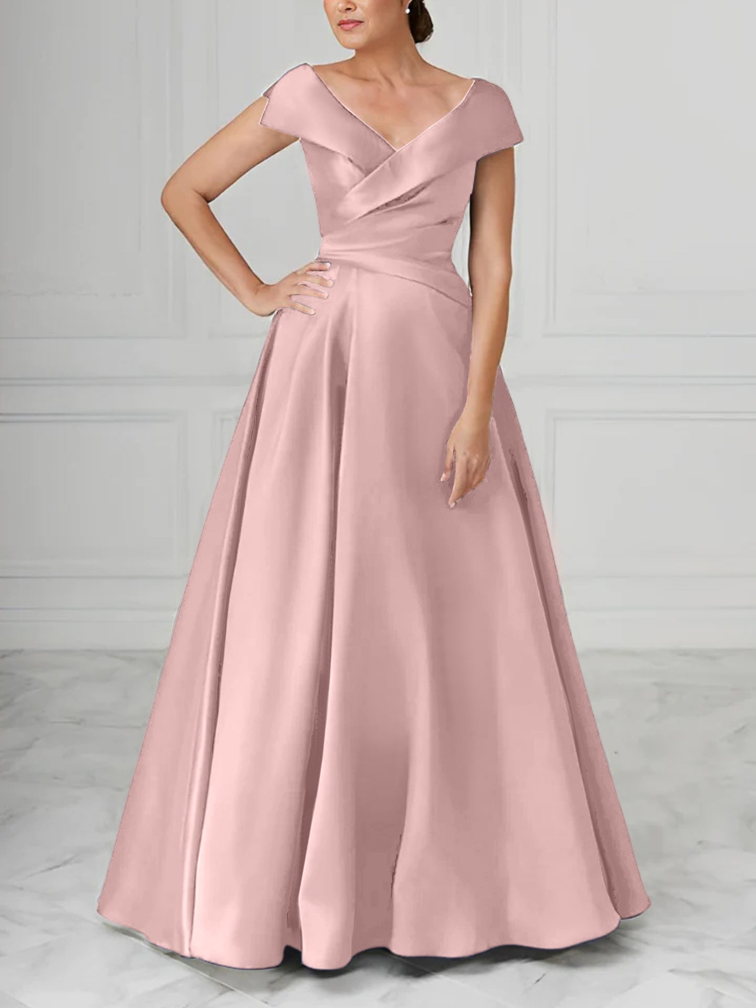 A Line Princess V Neck Satin Mother Of The Bride Dresses With Ruched