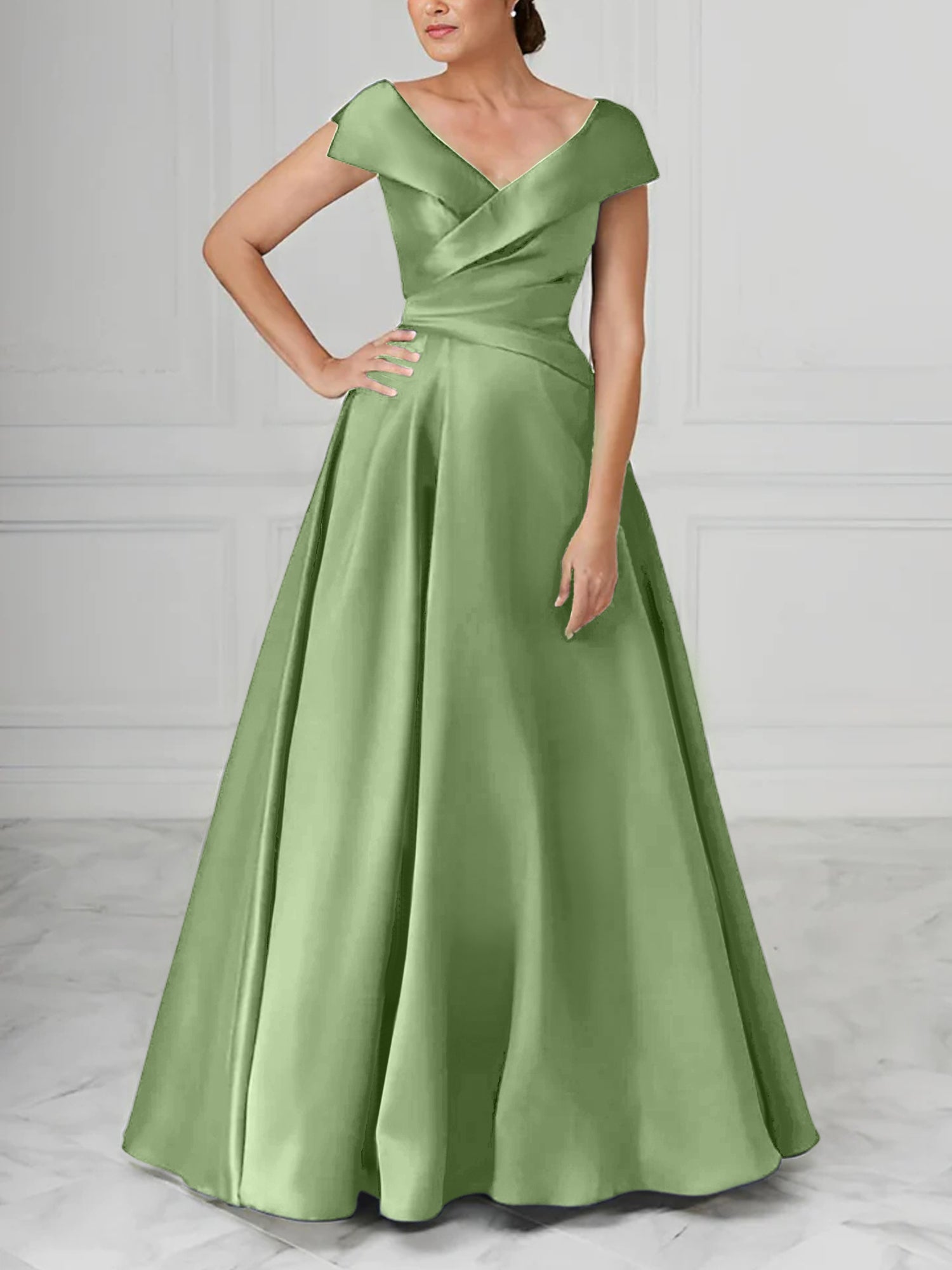 A Line Princess V Neck Satin Mother Of The Bride Dresses With Ruched