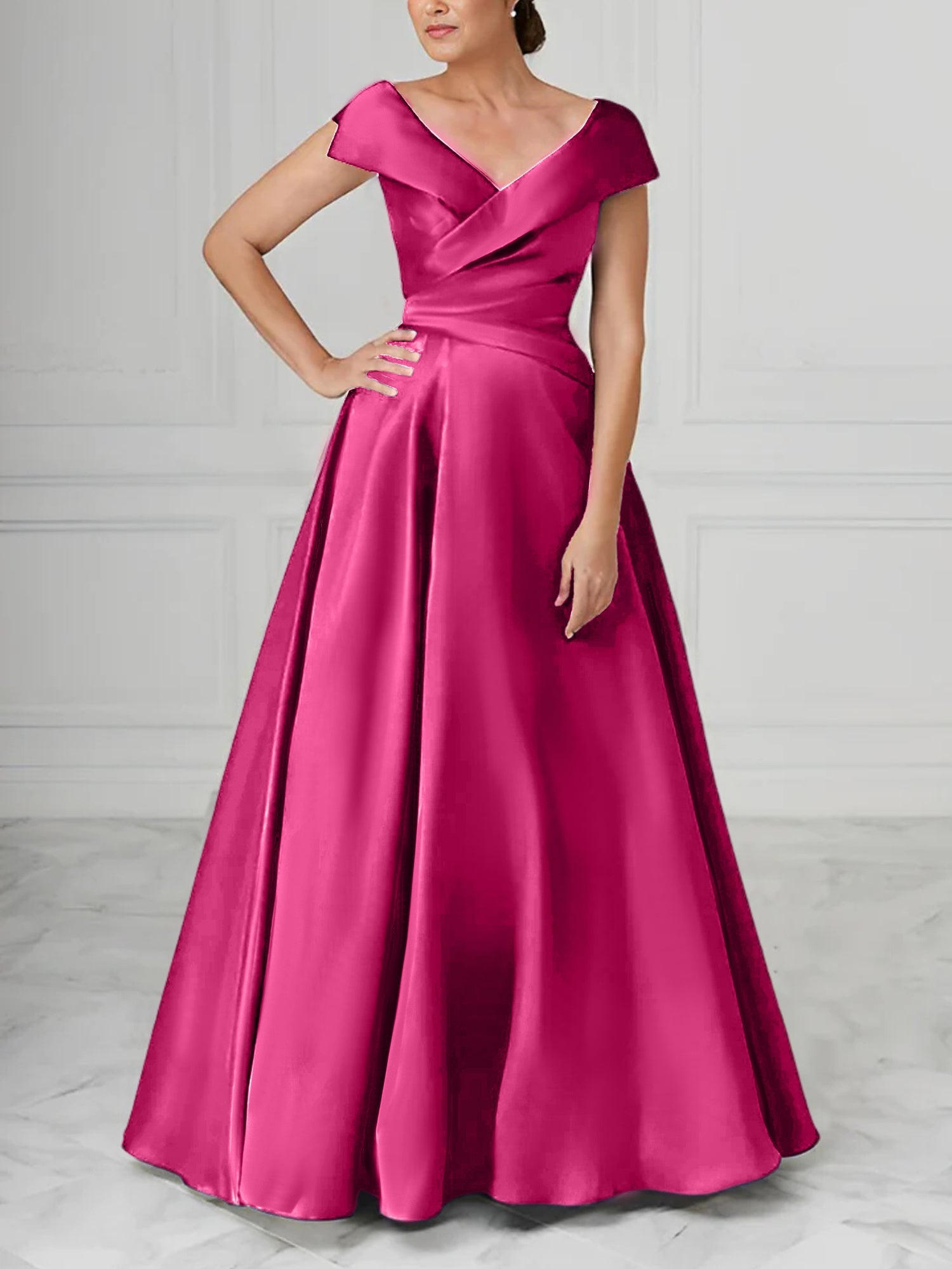 A Line Princess V Neck Satin Mother Of The Bride Dresses With Ruched