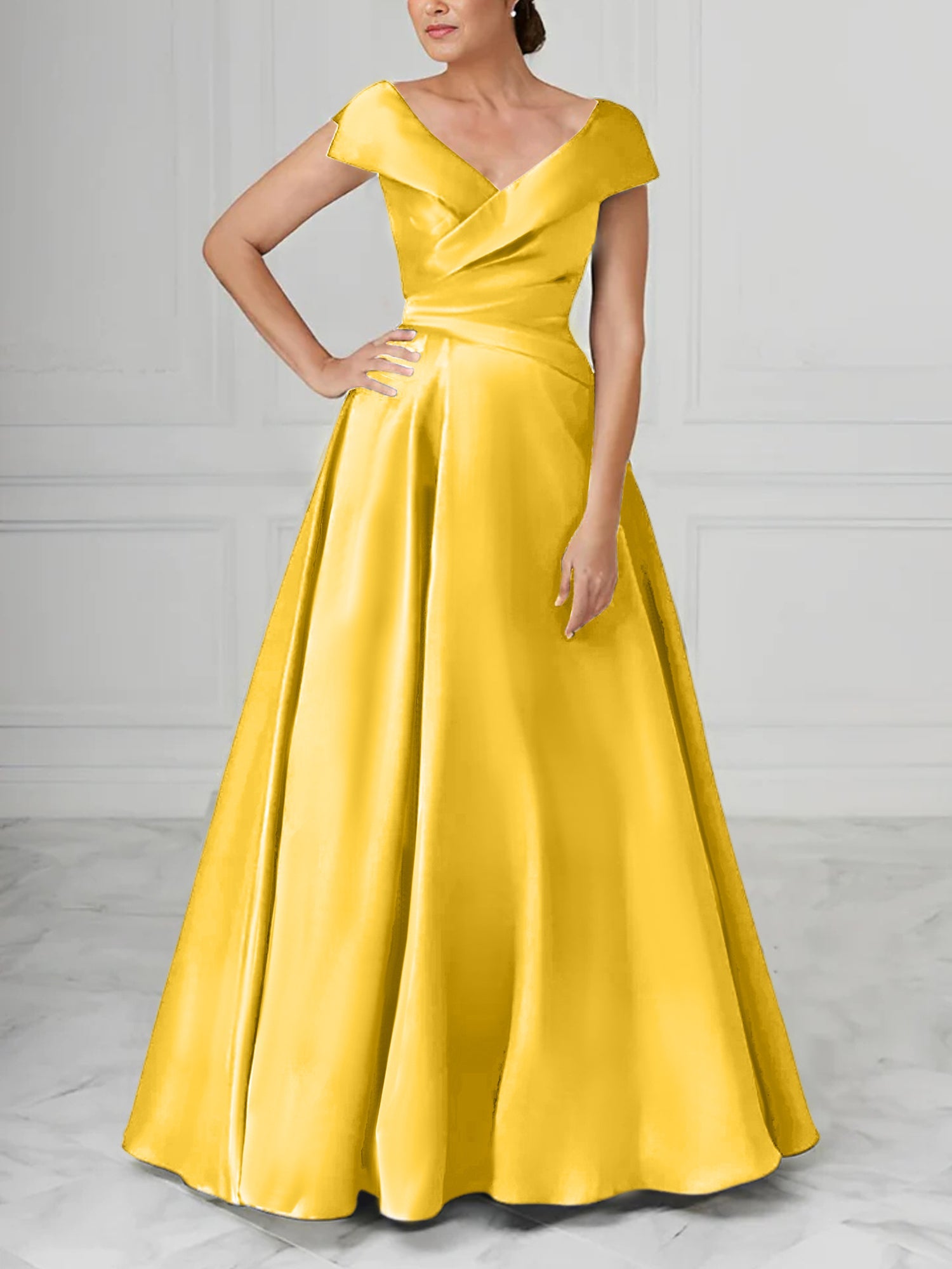 A Line Princess V Neck Satin Mother Of The Bride Dresses With Ruched