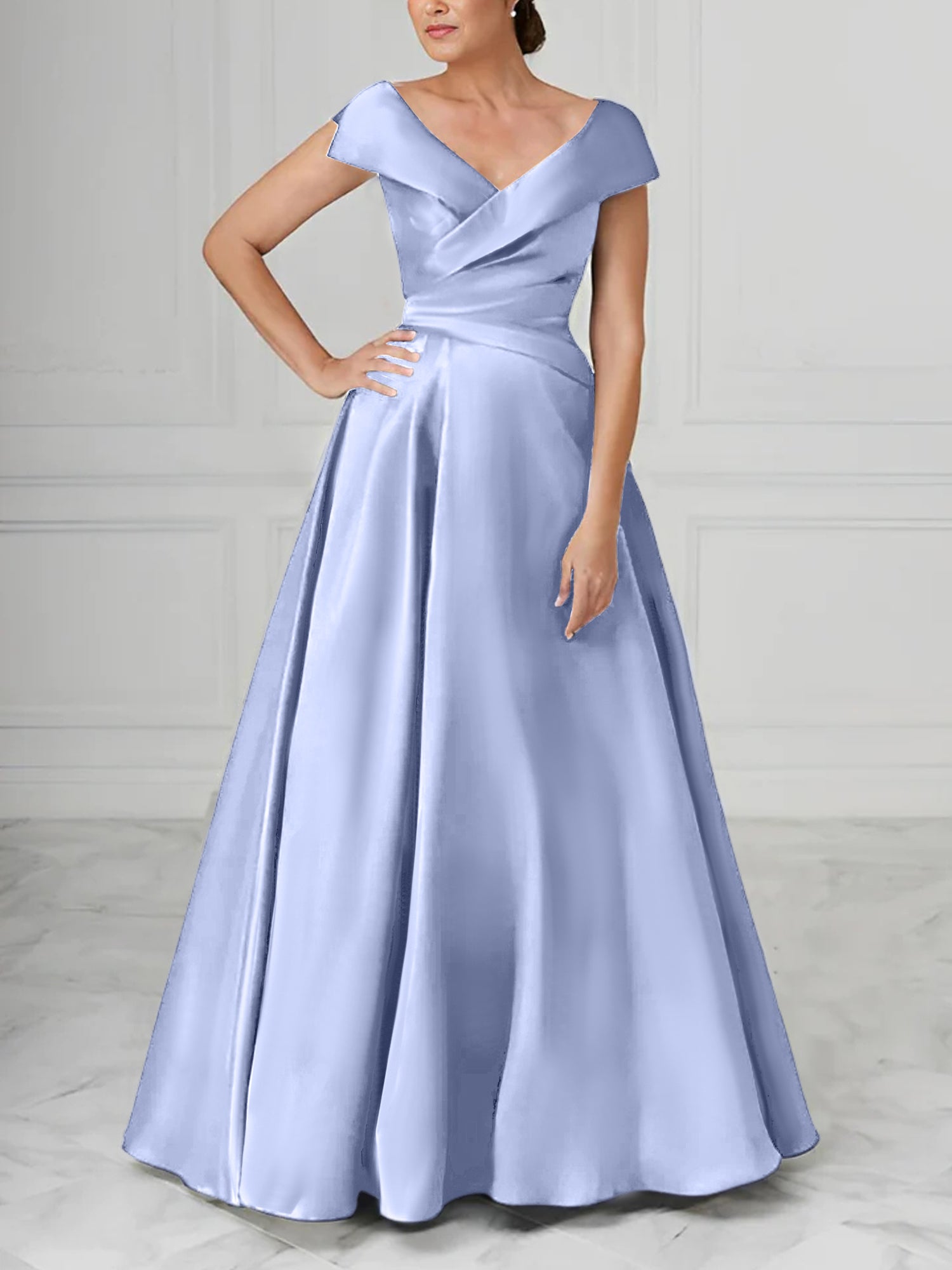 A Line Princess V Neck Satin Mother Of The Bride Dresses With Ruched