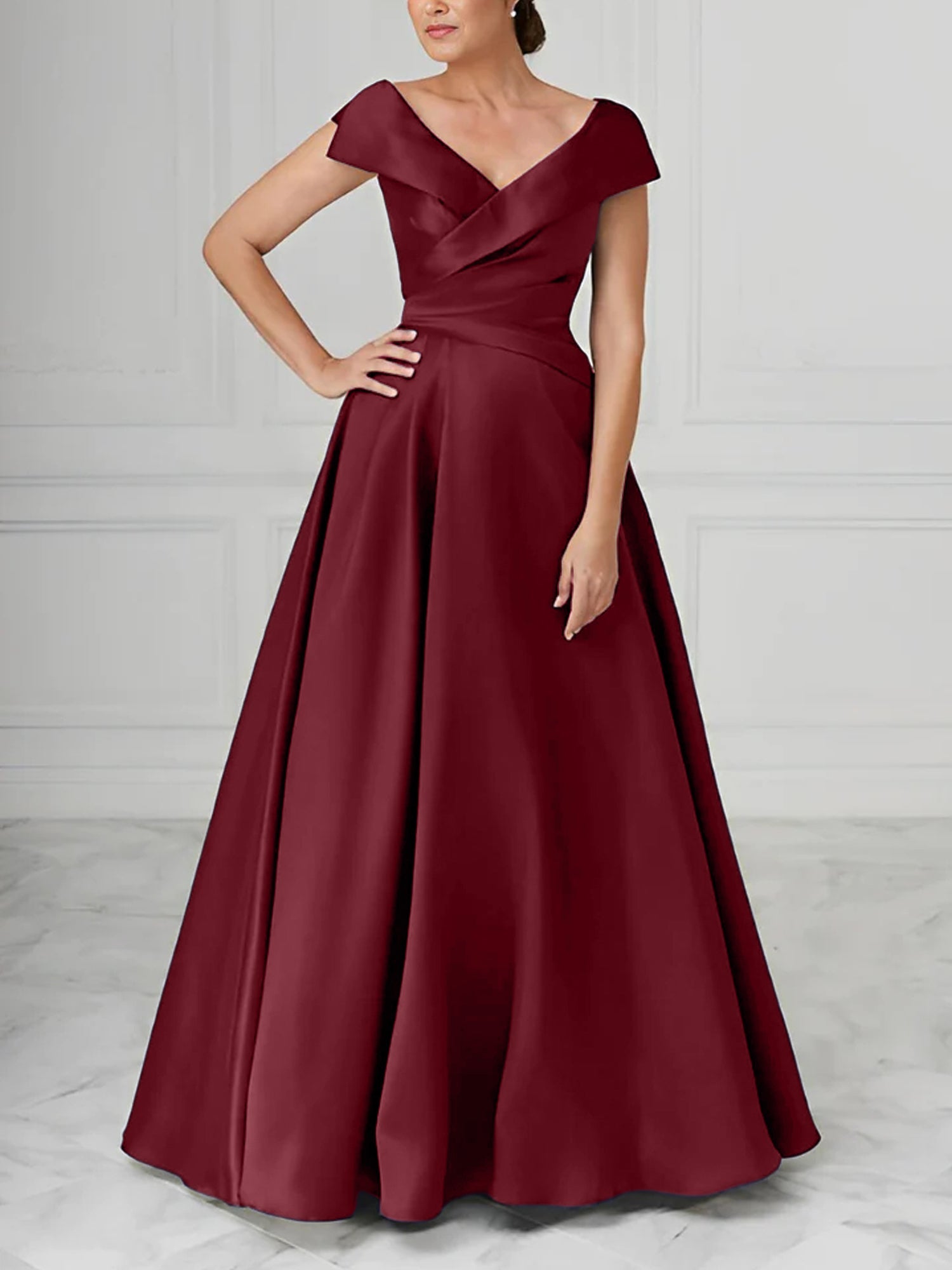 A Line Princess V Neck Satin Mother Of The Bride Dresses With Ruched