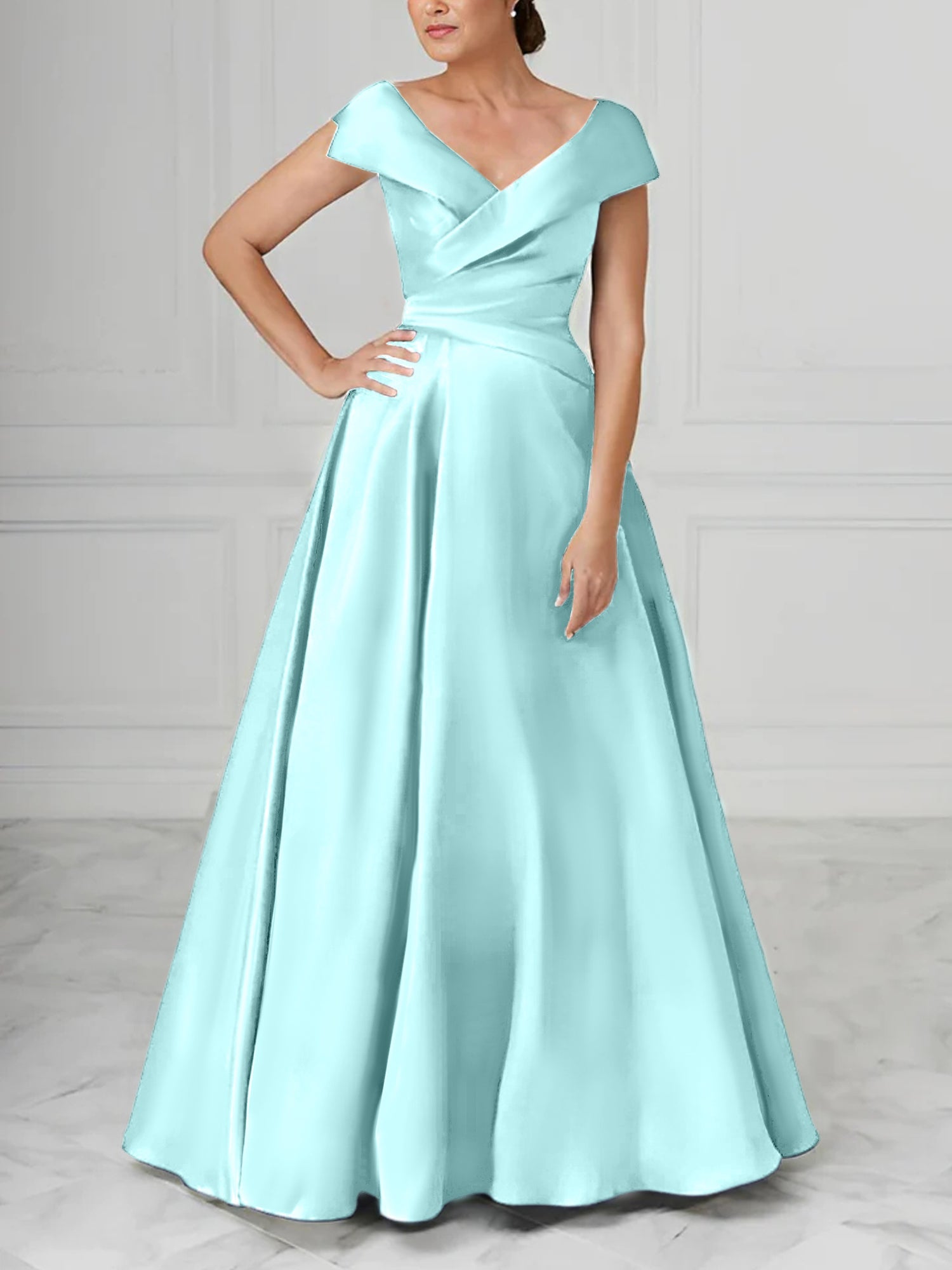 A Line Princess V Neck Satin Mother Of The Bride Dresses With Ruched