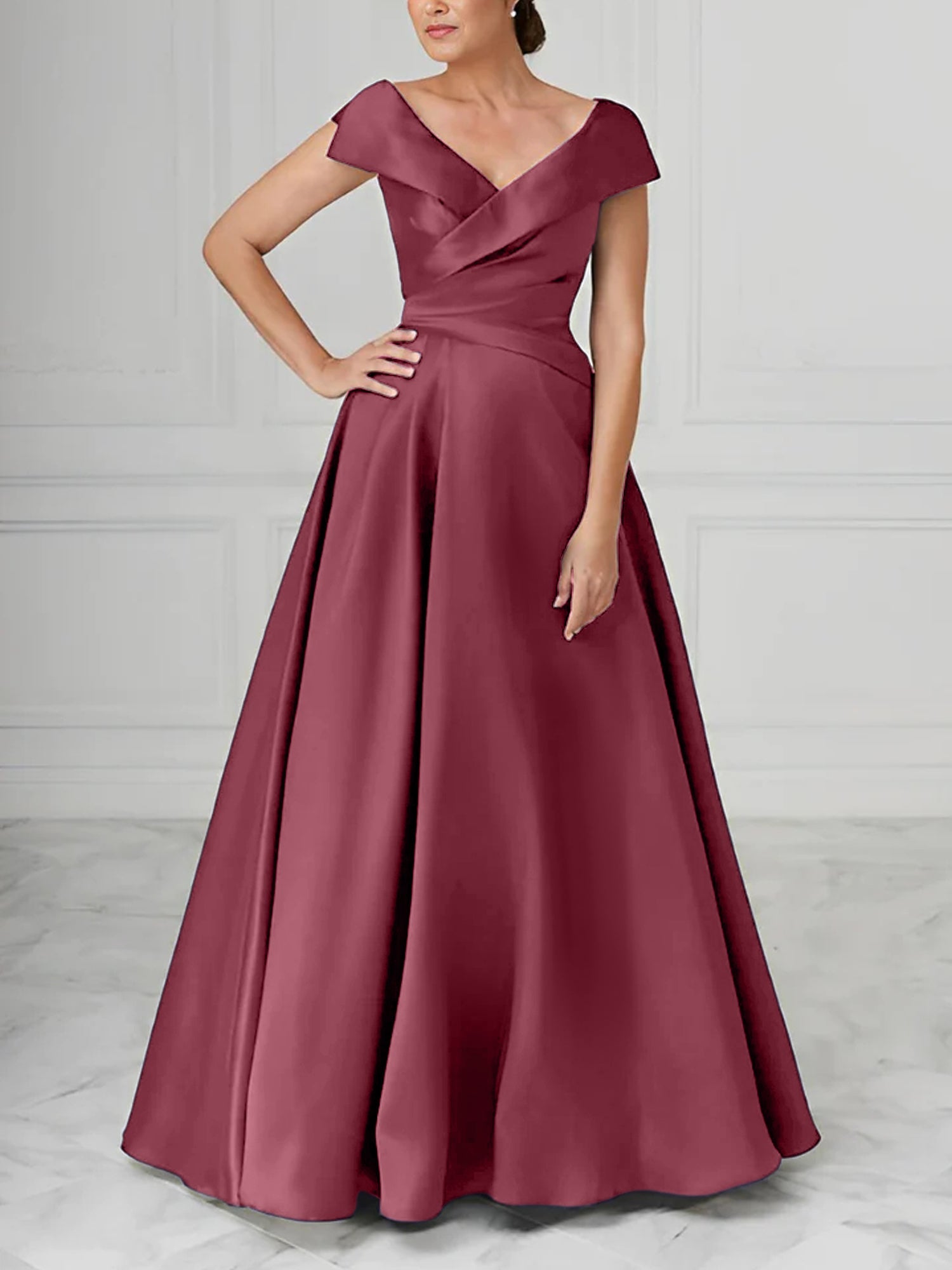 A Line Princess V Neck Satin Mother Of The Bride Dresses With Ruched
