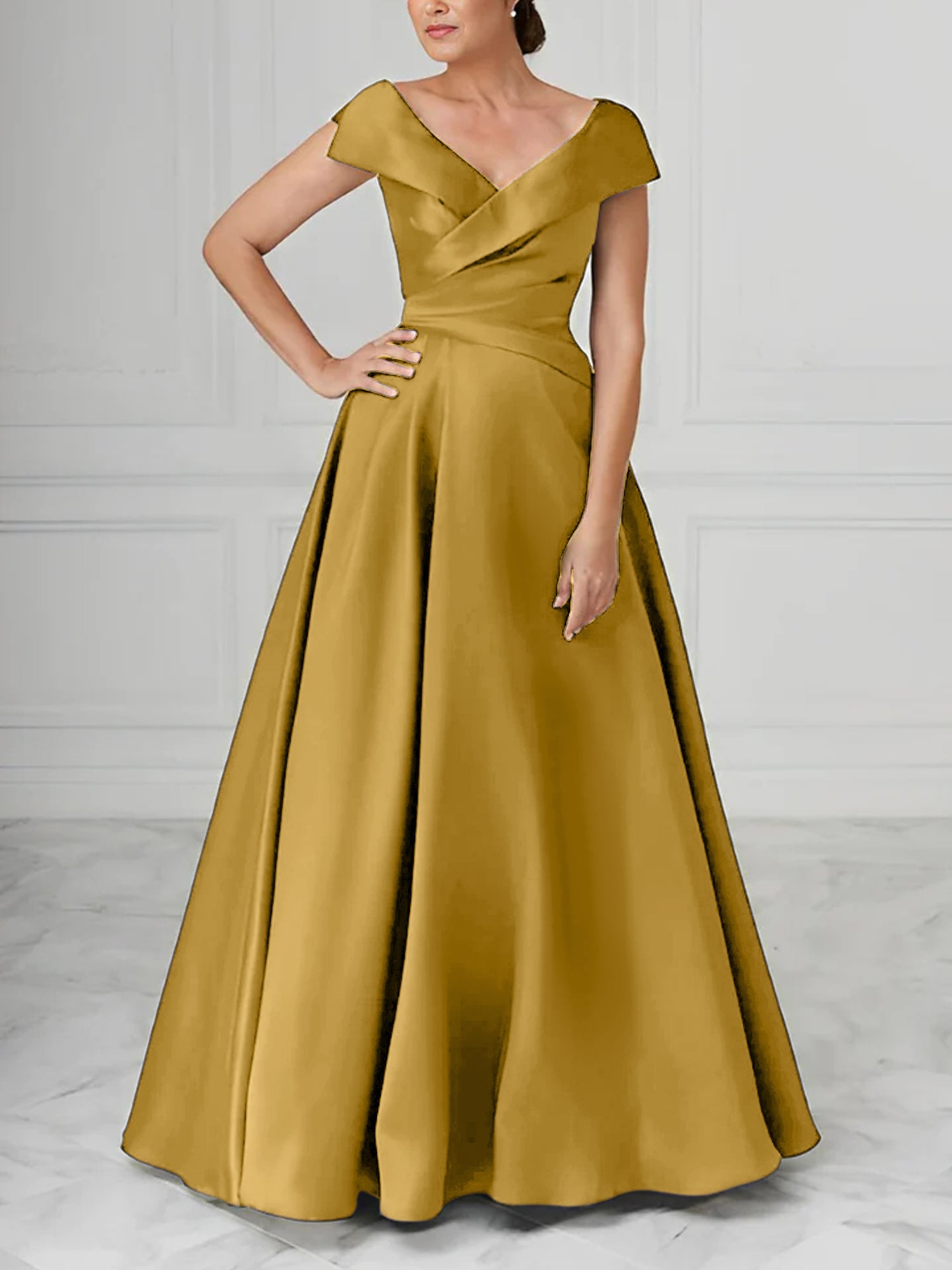 A Line Princess V Neck Satin Mother Of The Bride Dresses With Ruched