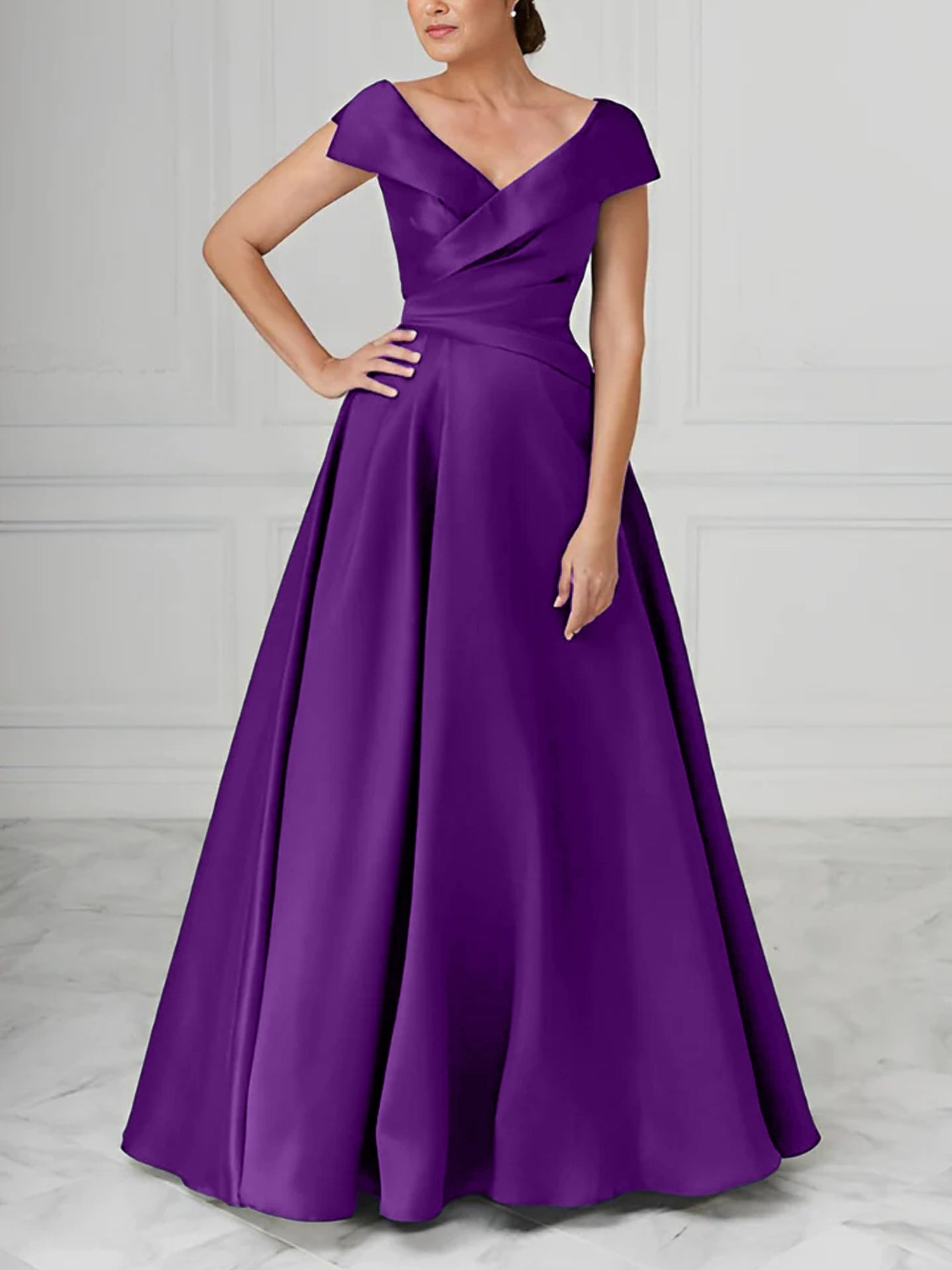 A Line Princess V Neck Satin Mother Of The Bride Dresses With Ruched