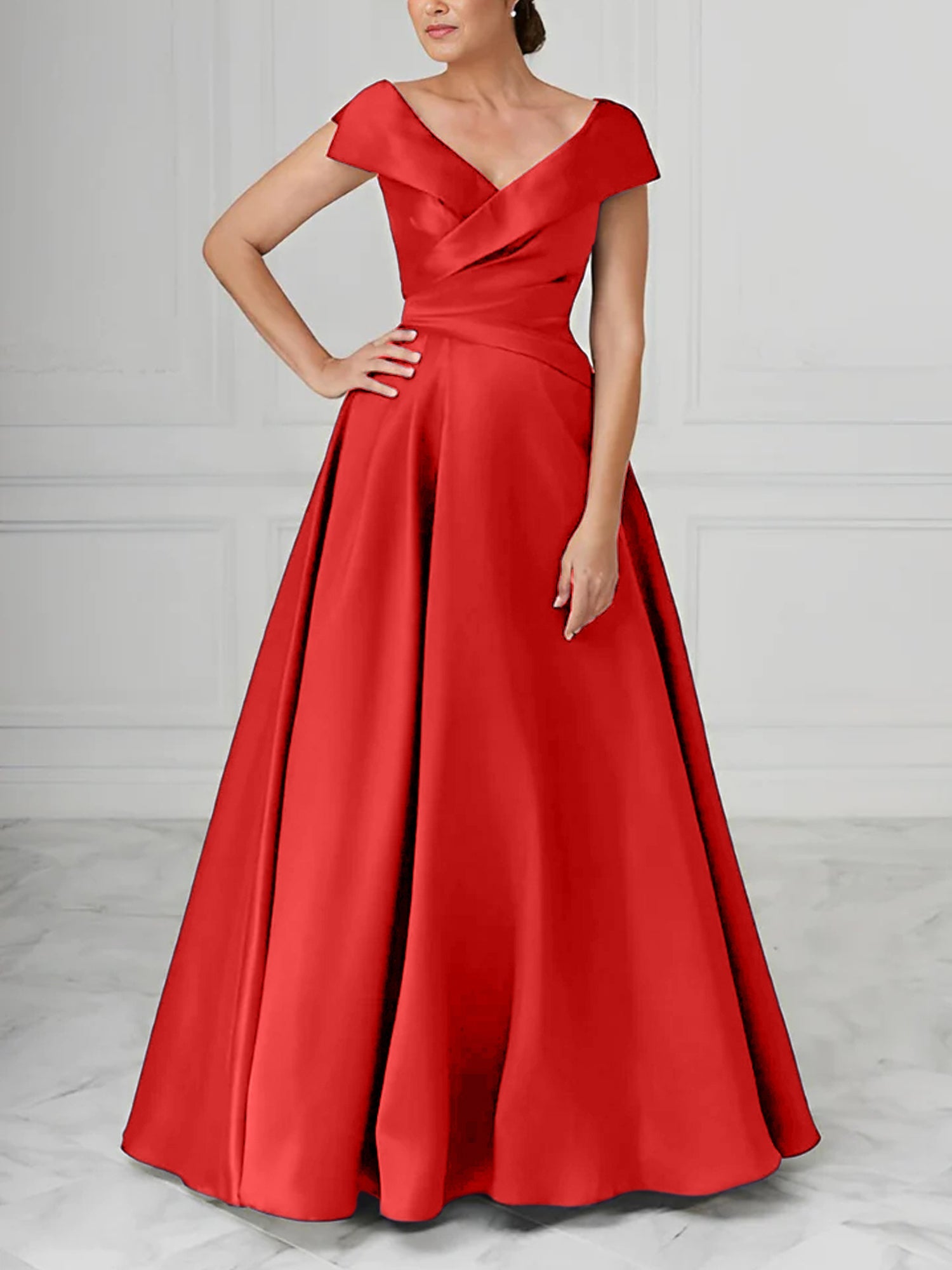 A Line Princess V Neck Satin Mother Of The Bride Dresses With Ruched