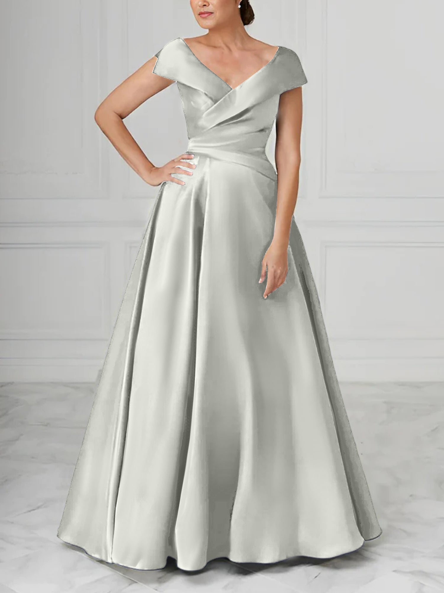 A Line Princess V Neck Satin Mother Of The Bride Dresses With Ruched