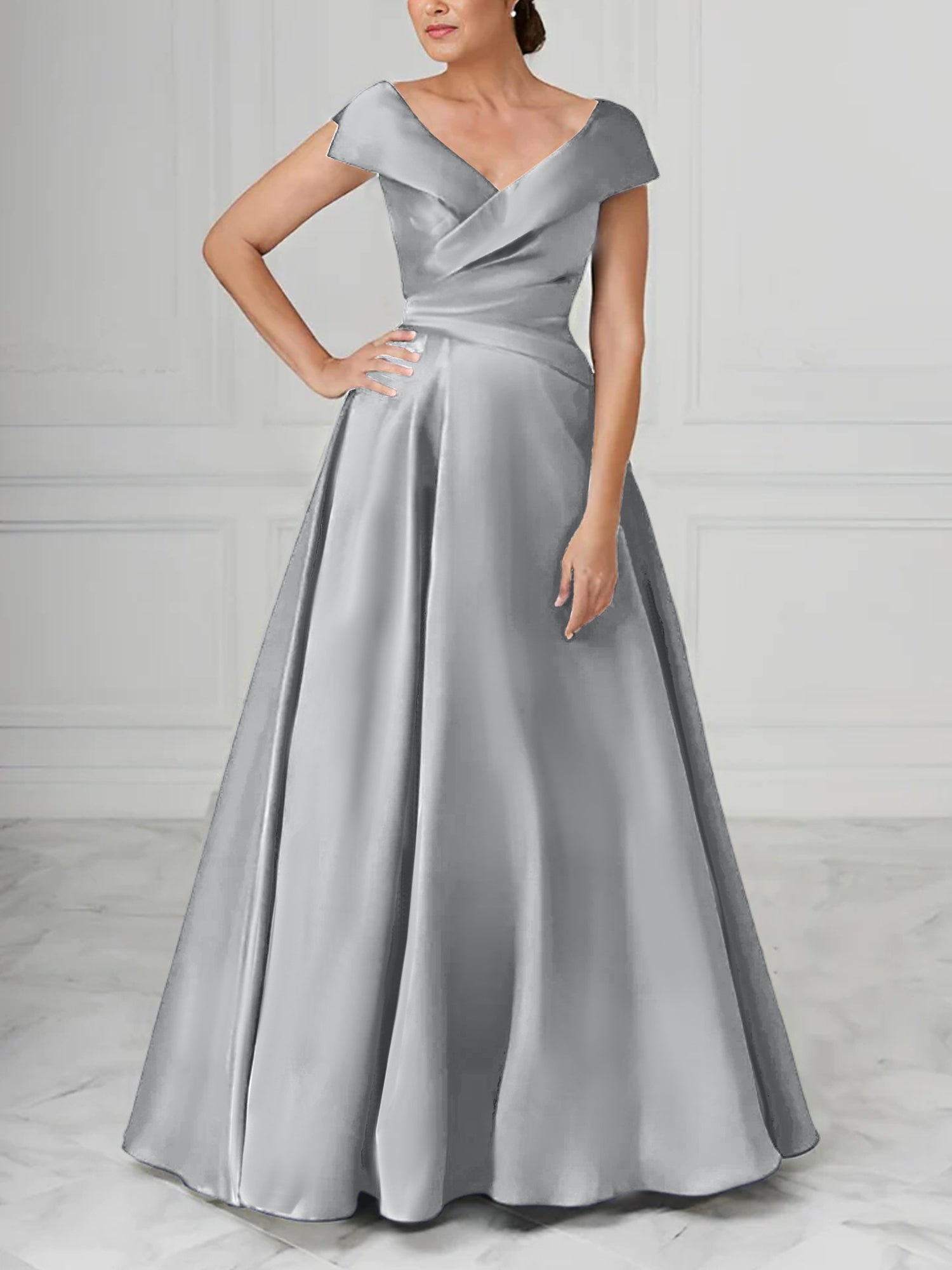 A Line Princess V Neck Satin Mother Of The Bride Dresses With Ruched
