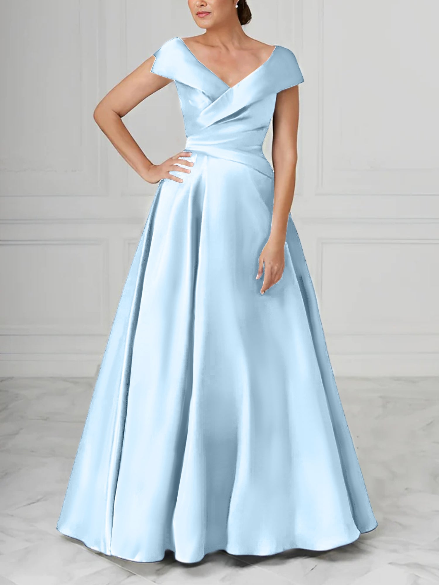 A Line Princess V Neck Satin Mother Of The Bride Dresses With Ruched