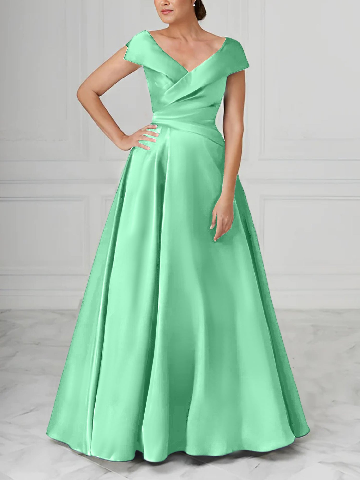 A Line Princess V Neck Satin Mother Of The Bride Dresses With Ruched