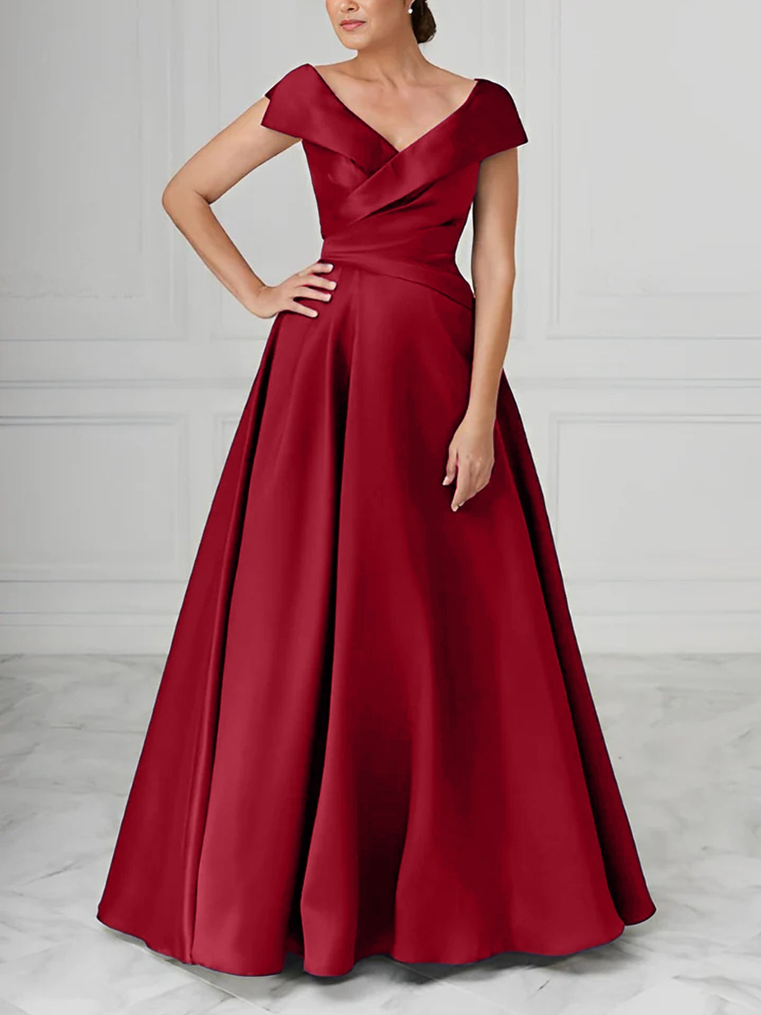 A Line Princess V Neck Satin Mother Of The Bride Dresses With Ruched