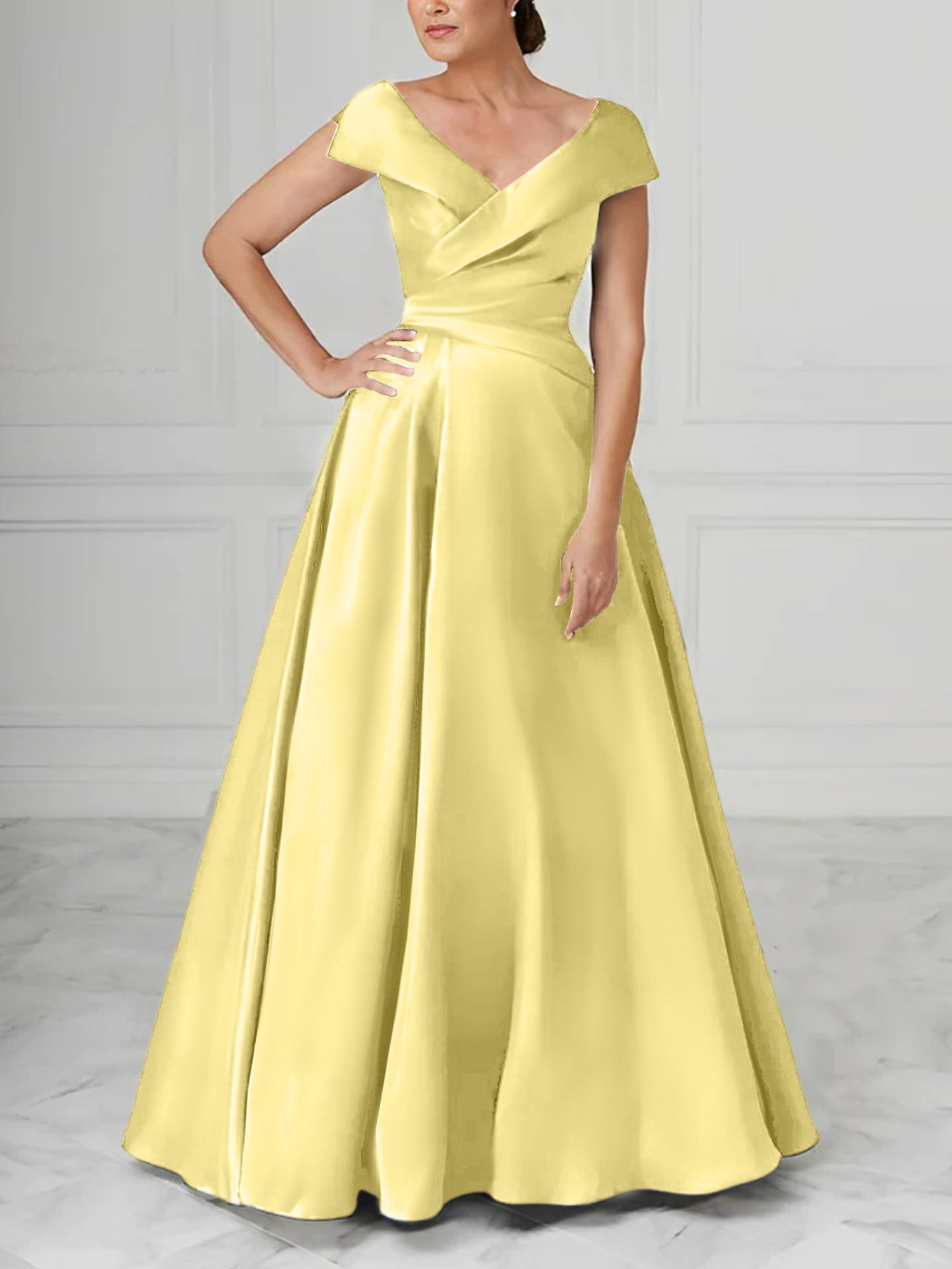 A Line Princess V Neck Satin Mother Of The Bride Dresses With Ruched