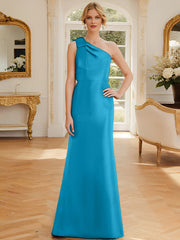 Sheath Column One Shoulder Sleeveless Satin Mother Of The Bride Dresses With Bowknot
