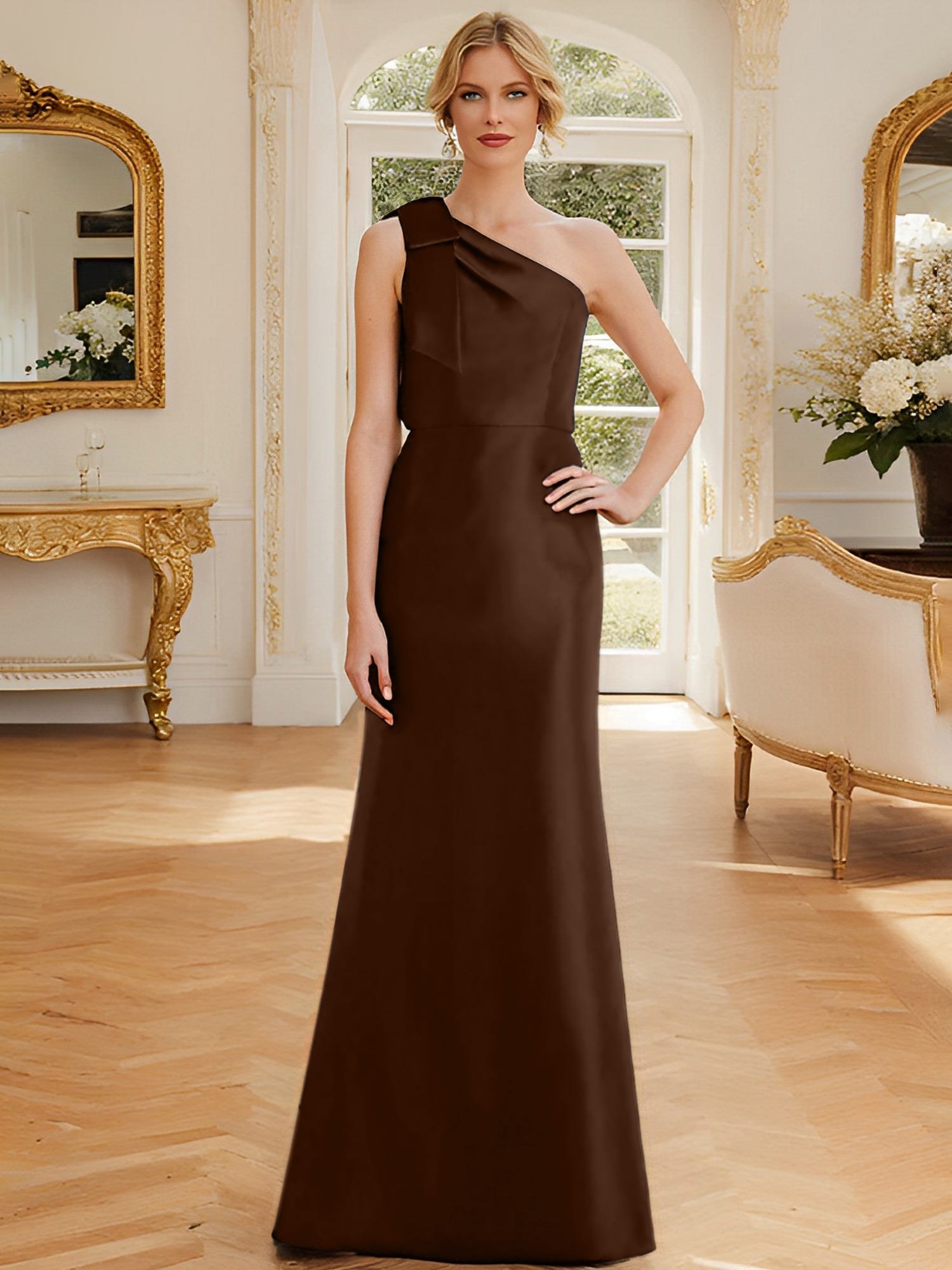 Sheath Column One Shoulder Sleeveless Satin Mother Of The Bride Dresses With Bowknot
