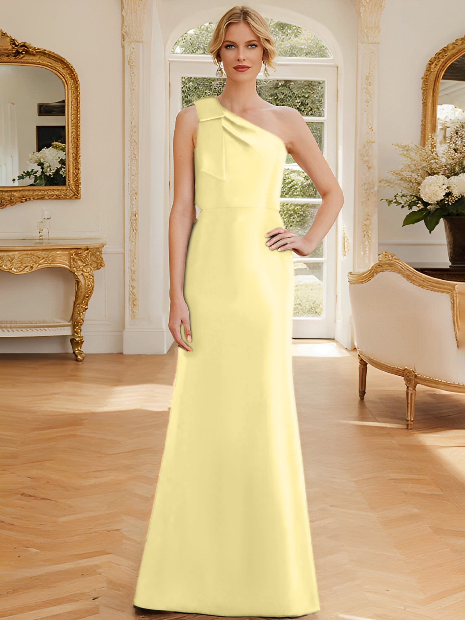 Sheath Column One Shoulder Sleeveless Satin Mother Of The Bride Dresses With Bowknot