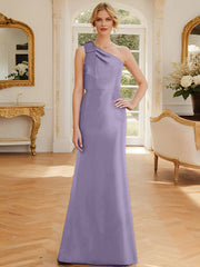 Sheath Column One Shoulder Sleeveless Satin Mother Of The Bride Dresses With Bowknot