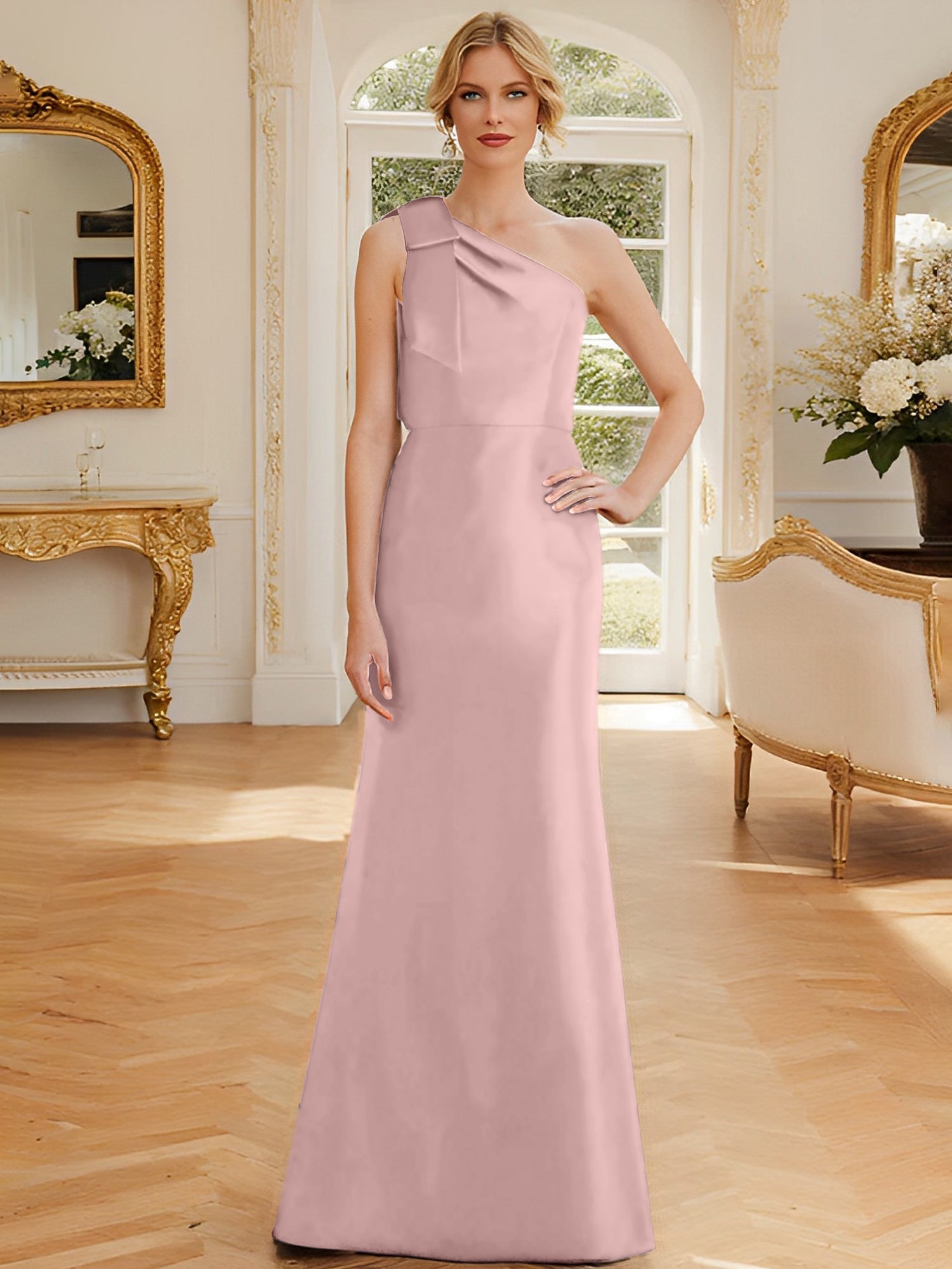 Sheath Column One Shoulder Sleeveless Satin Mother Of The Bride Dresses With Bowknot
