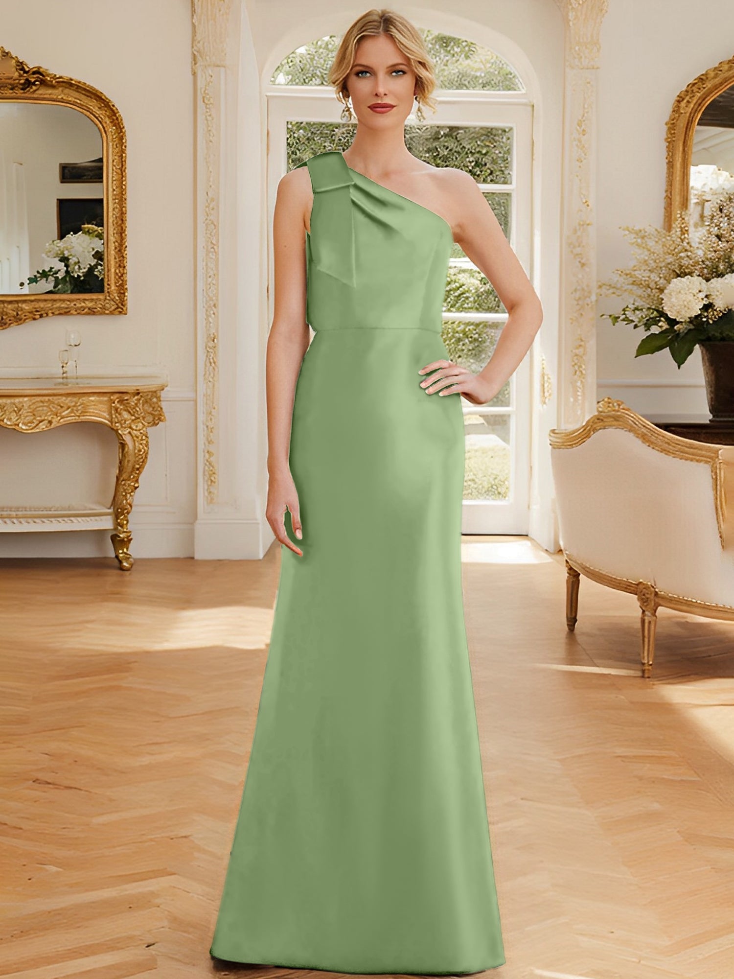 Sheath Column One Shoulder Sleeveless Satin Mother Of The Bride Dresses With Bowknot