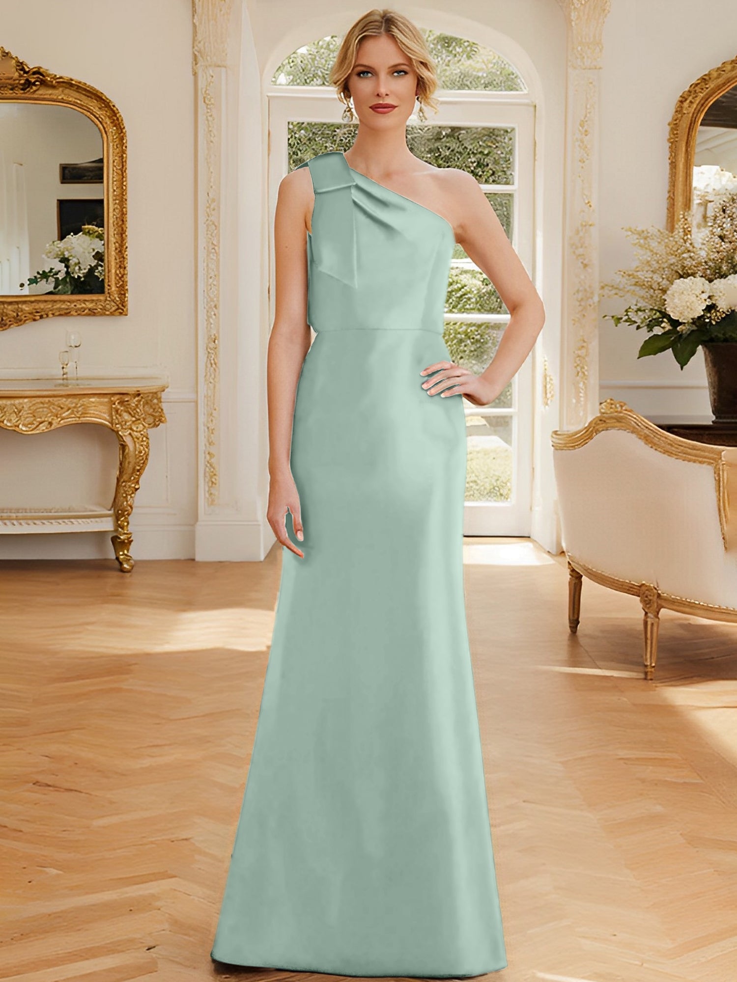 Sheath Column One Shoulder Sleeveless Satin Mother Of The Bride Dresses With Bowknot