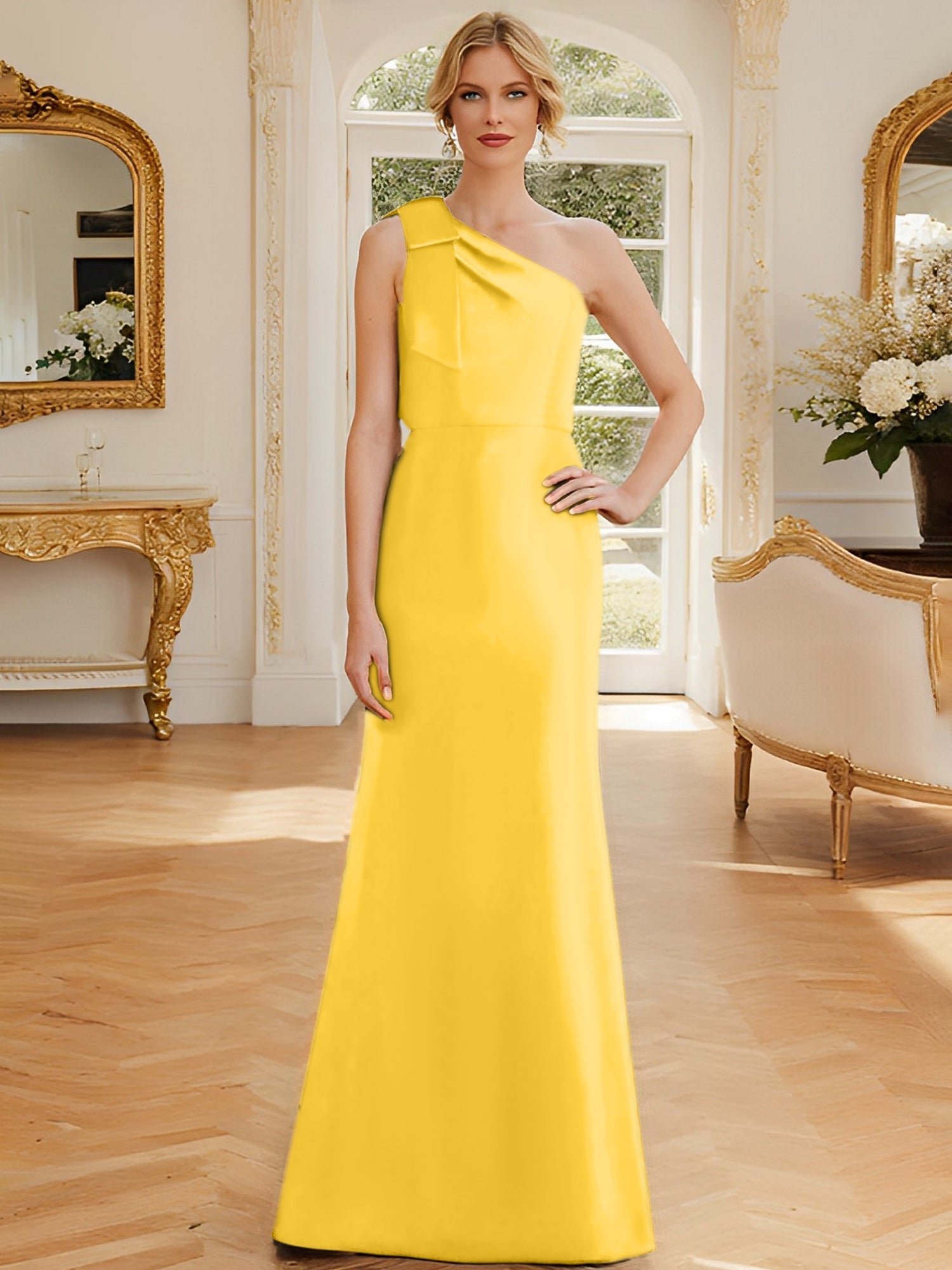 Sheath Column One Shoulder Sleeveless Satin Mother Of The Bride Dresses With Bowknot