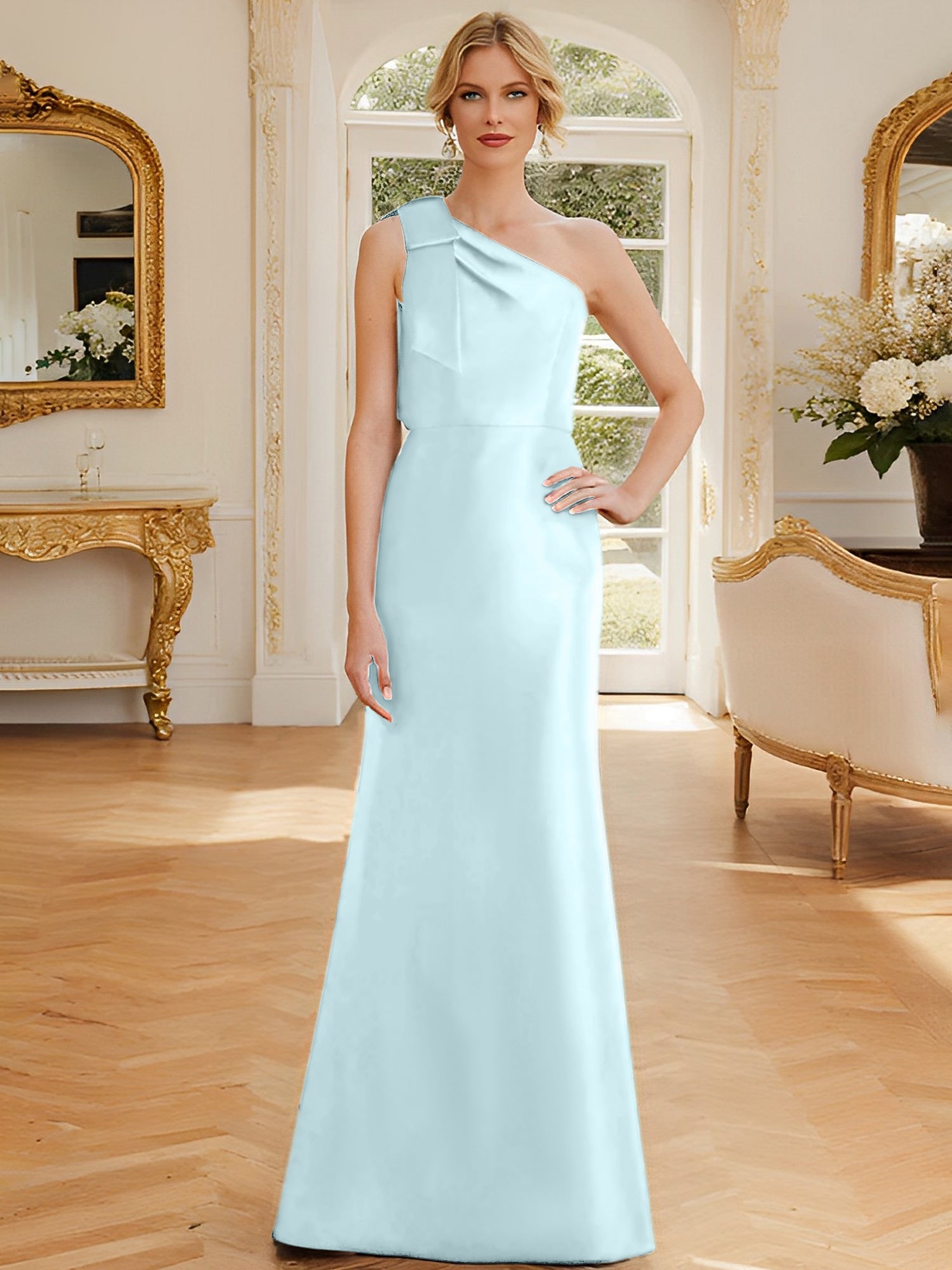 Sheath Column One Shoulder Sleeveless Satin Mother Of The Bride Dresses With Bowknot