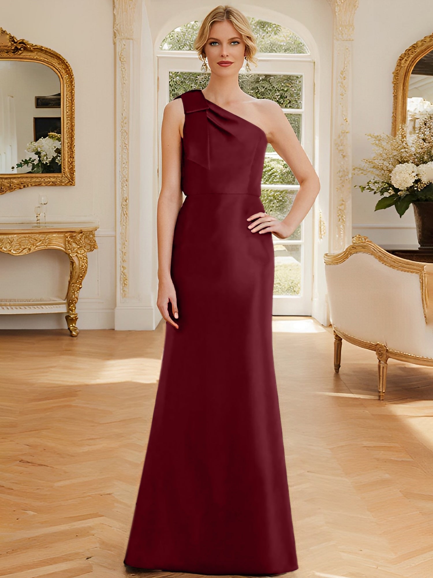 Sheath Column One Shoulder Sleeveless Satin Mother Of The Bride Dresses With Bowknot