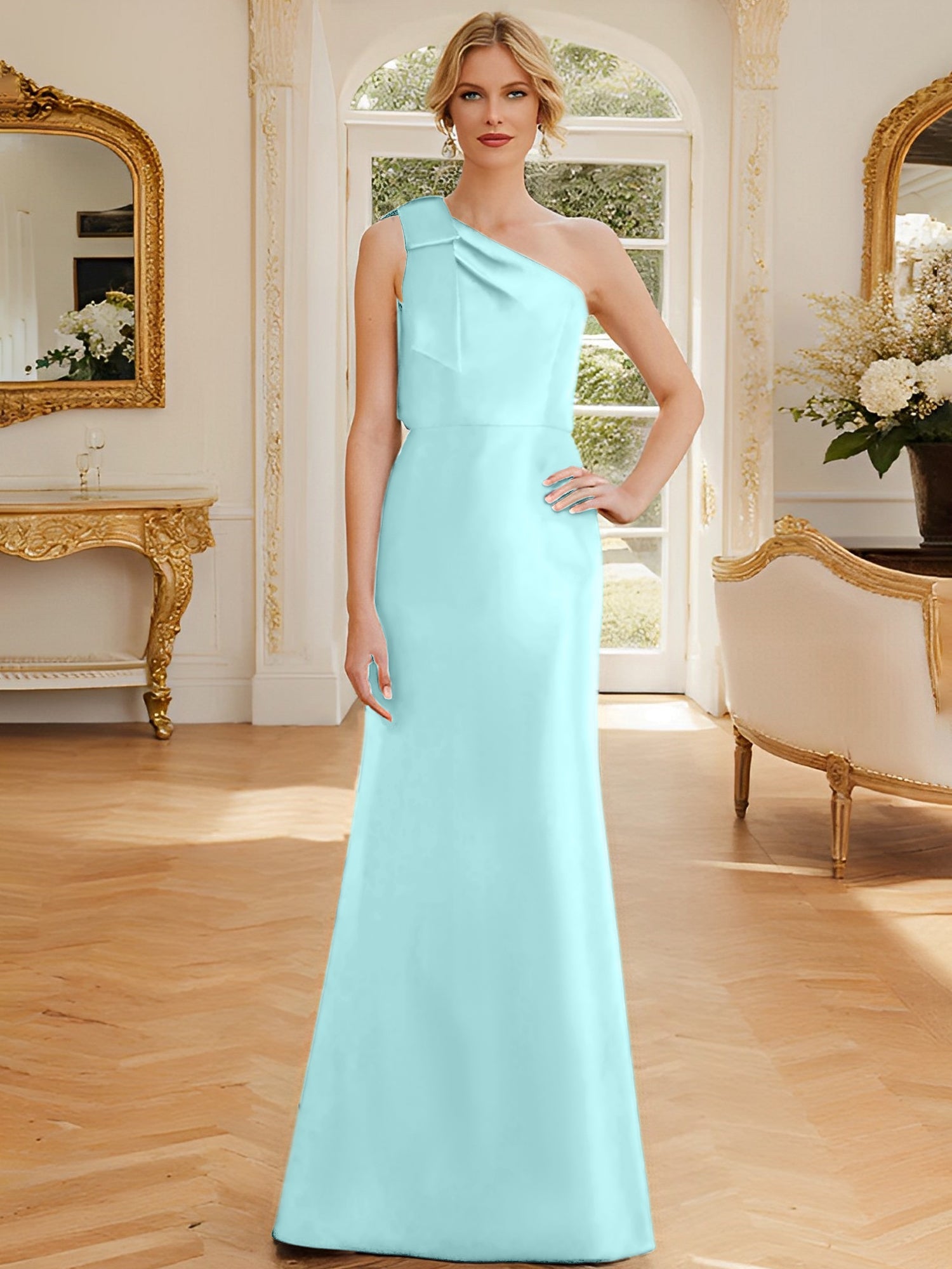 Sheath Column One Shoulder Sleeveless Satin Mother Of The Bride Dresses With Bowknot