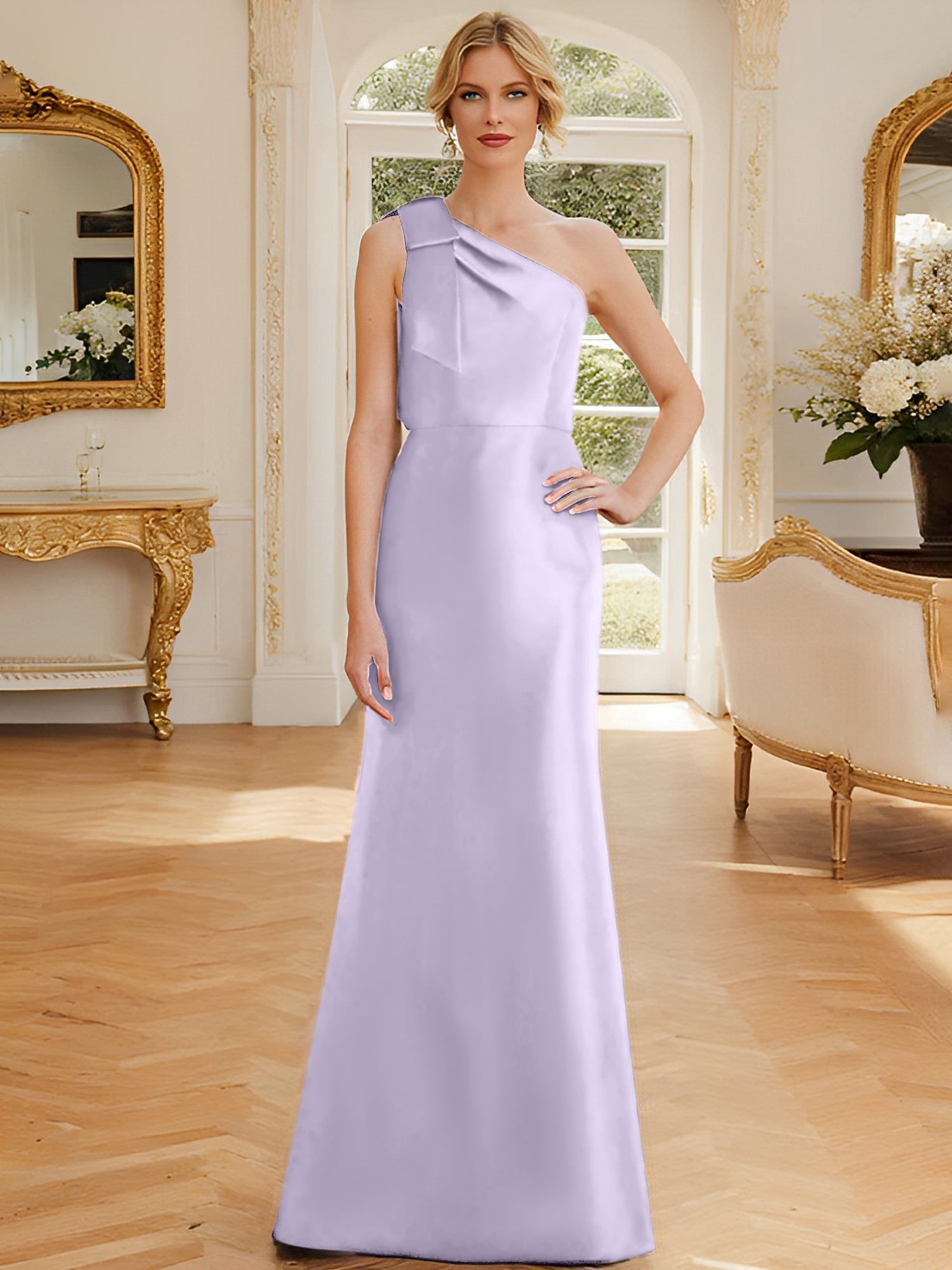 Sheath Column One Shoulder Sleeveless Satin Mother Of The Bride Dresses With Bowknot