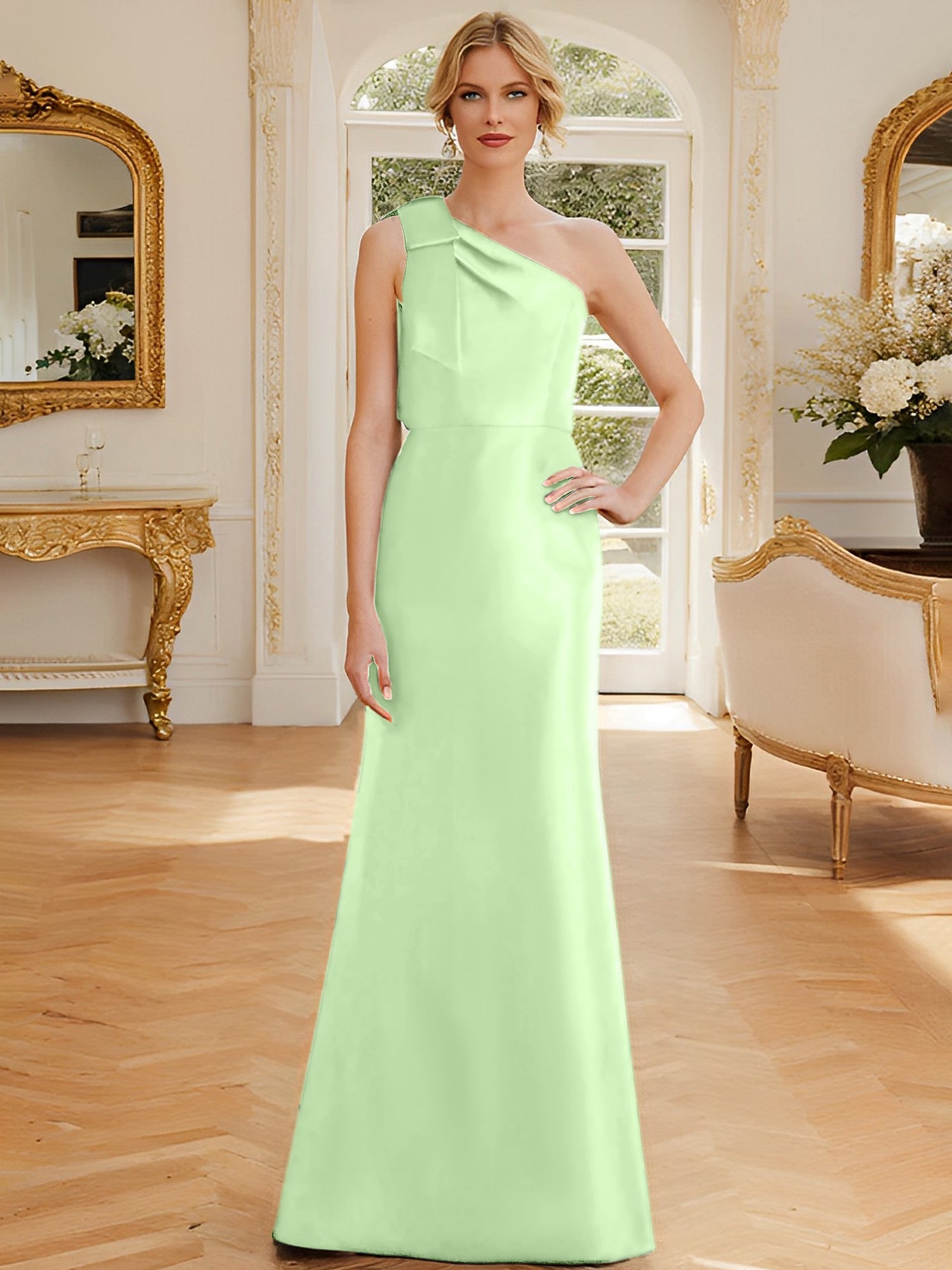 Sheath Column One Shoulder Sleeveless Satin Mother Of The Bride Dresses With Bowknot