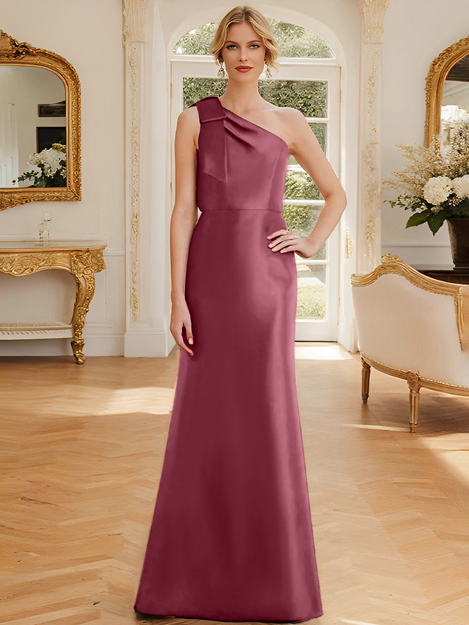 Sheath Column One Shoulder Sleeveless Satin Mother Of The Bride Dresses With Bowknot