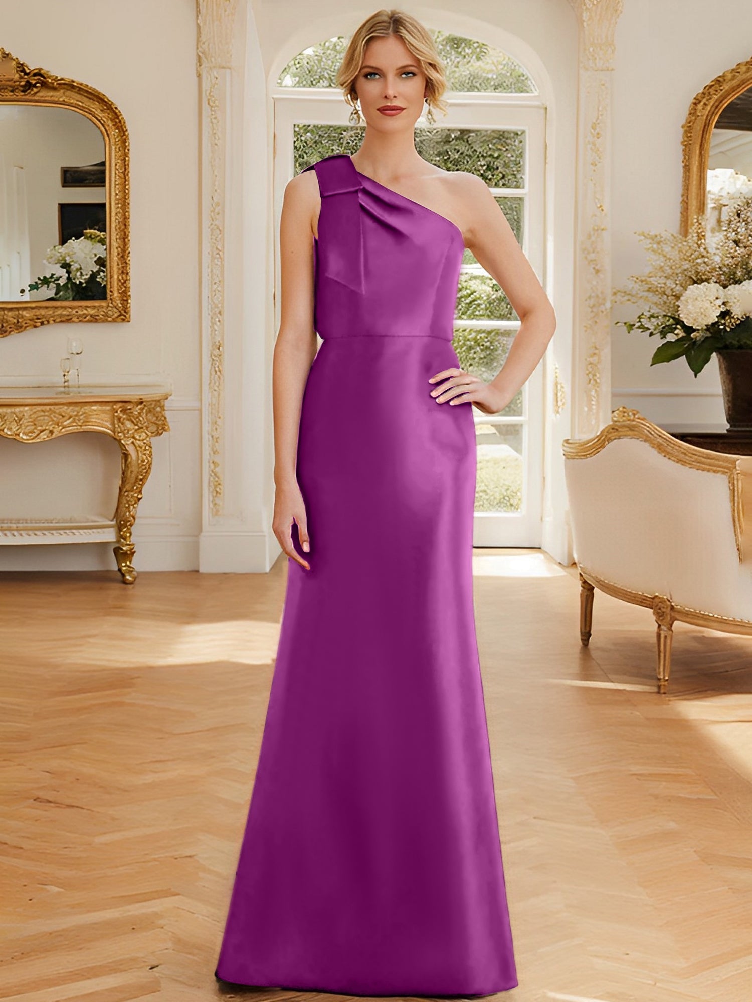 Sheath Column One Shoulder Sleeveless Satin Mother Of The Bride Dresses With Bowknot