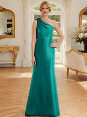 Sheath Column One Shoulder Sleeveless Satin Mother Of The Bride Dresses With Bowknot