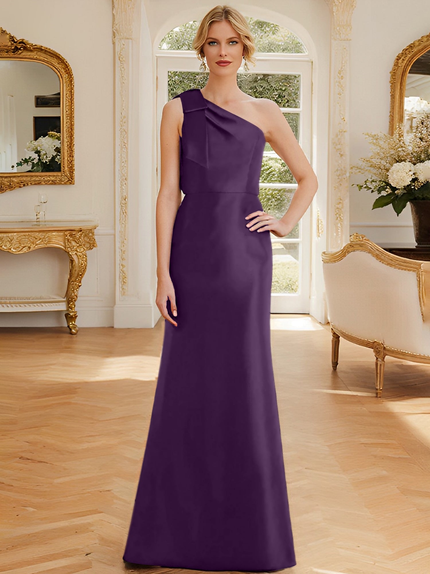 Sheath Column One Shoulder Sleeveless Satin Mother Of The Bride Dresses With Bowknot